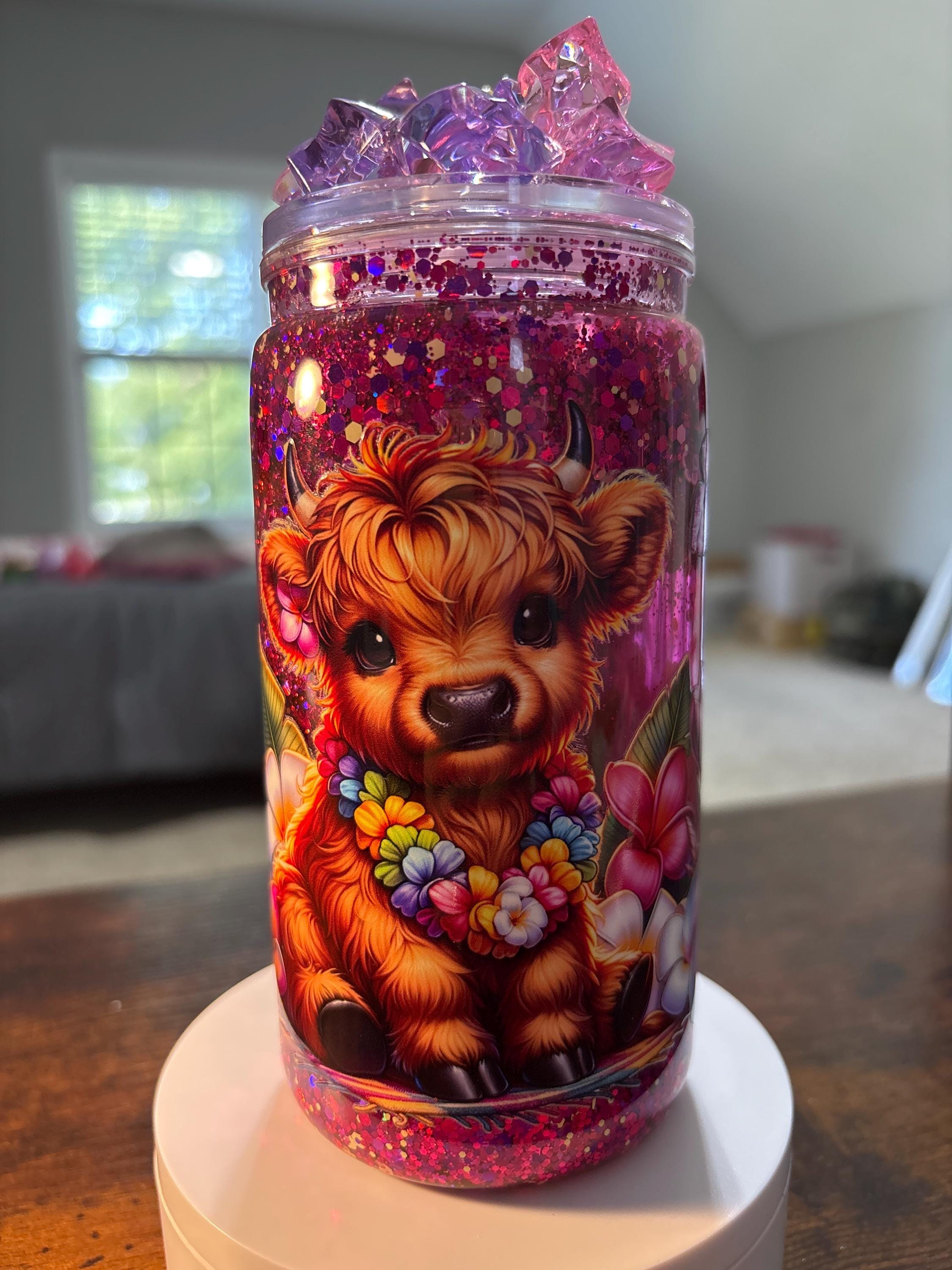Highland Cow Island Snow Globe Tumbler | 16oz Handmade Acrylic Cow Lover Cup