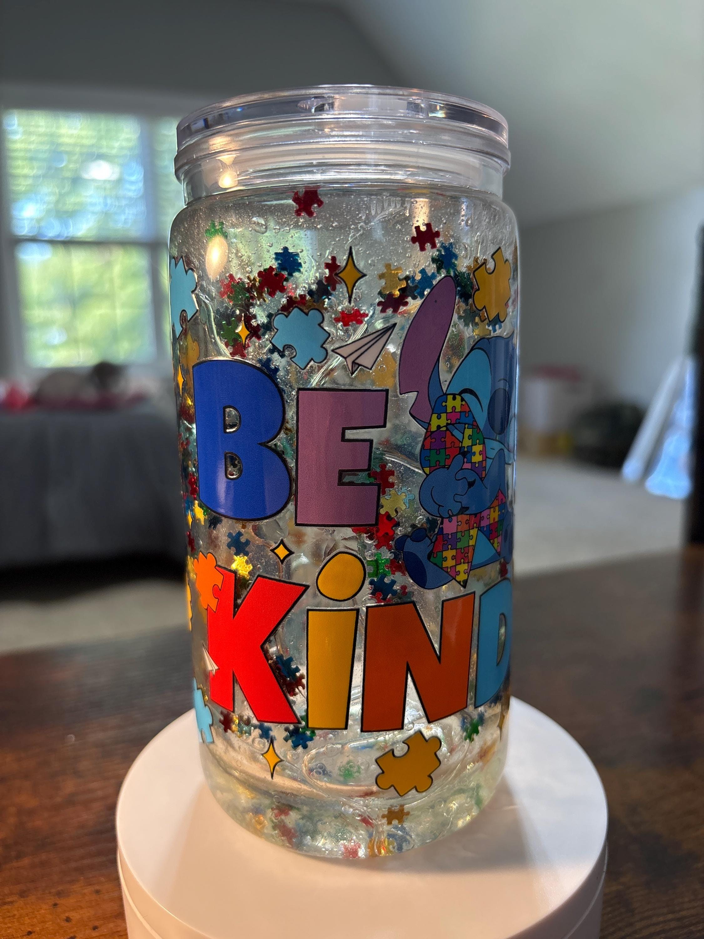 Be Kind Snow Globe Tumbler | Handmade 16oz Acrylic Snowglobe Cup | Autism Awareness Gift