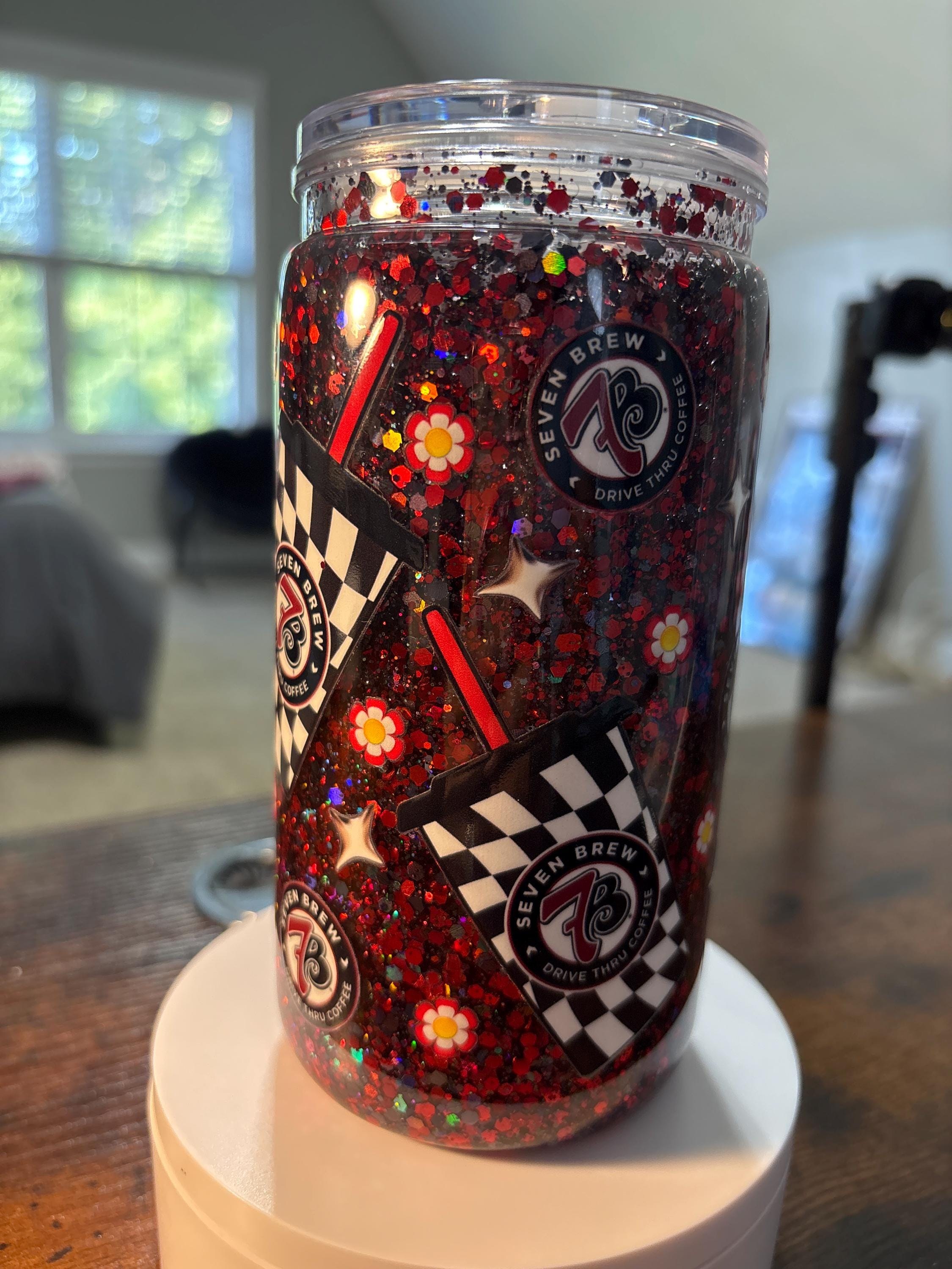 7 Brew Coffee Lover Snow Globe Tumbler | Handmade 16oz Glitter Acrylic Cup
