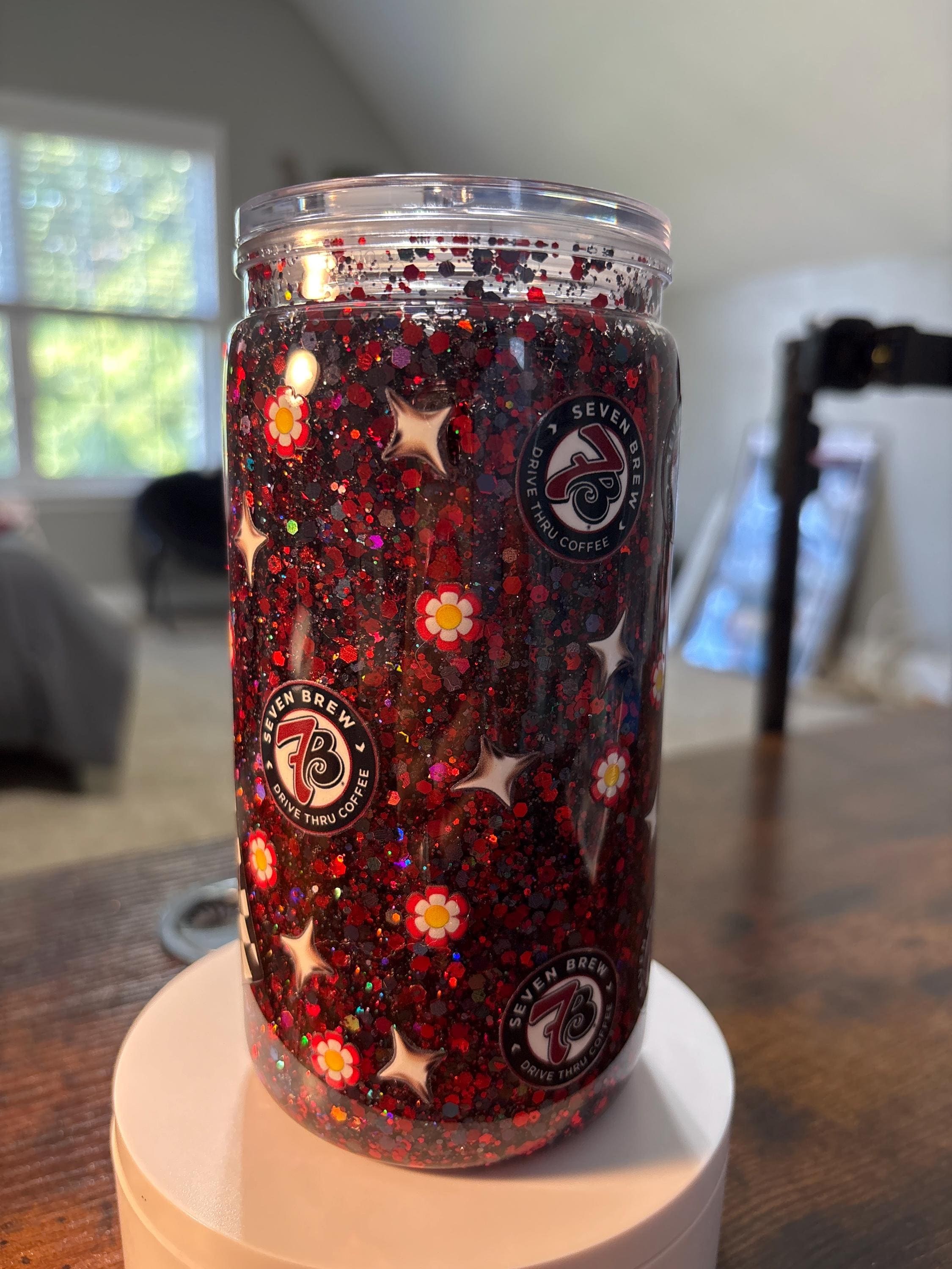 7 Brew Coffee Lover Snow Globe Tumbler | Handmade 16oz Glitter Acrylic Cup