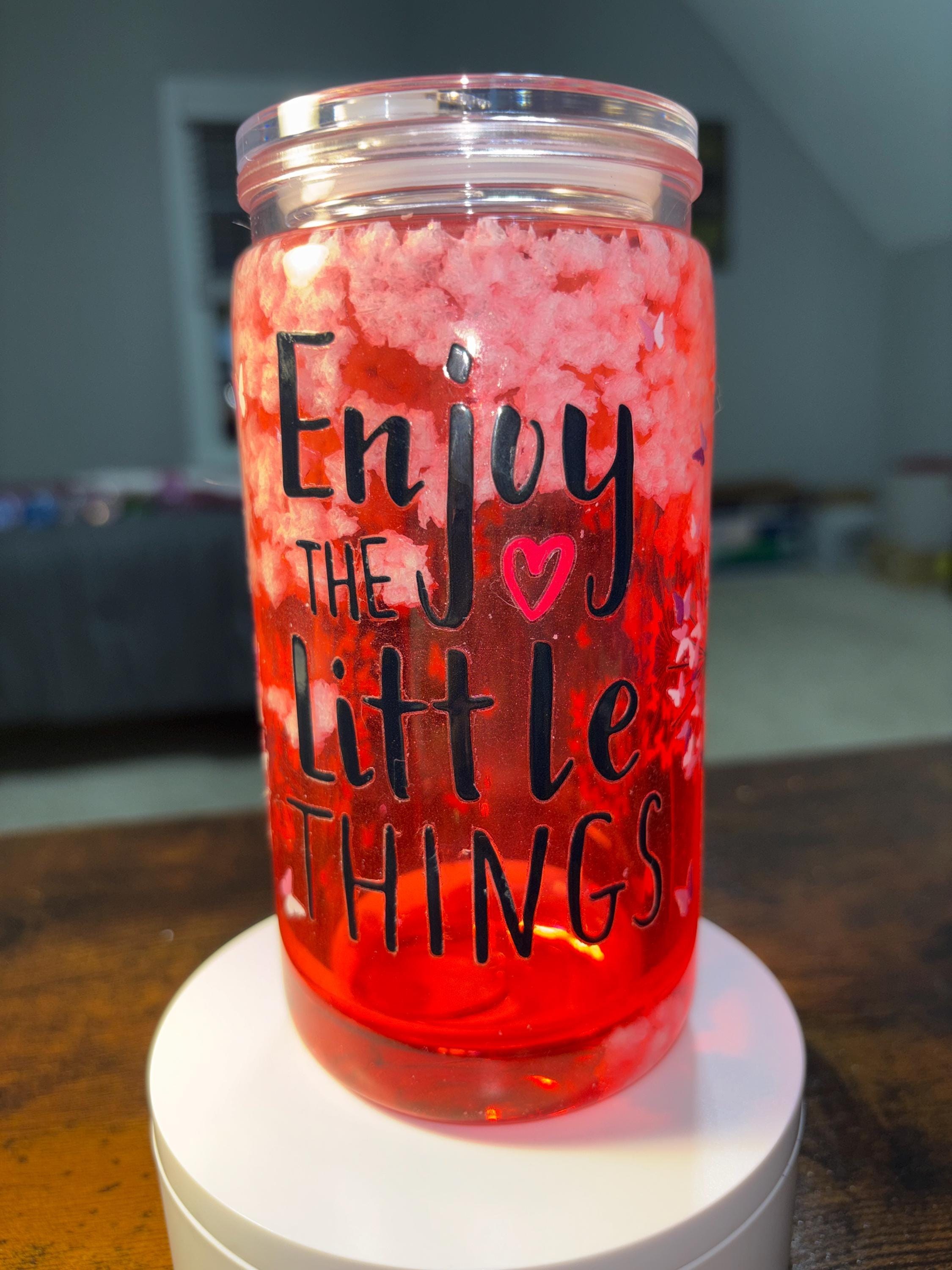 Pink Clouds Enjoy the Little Things Snow Globe Tumbler | 16oz Handmade Inspirational Cup