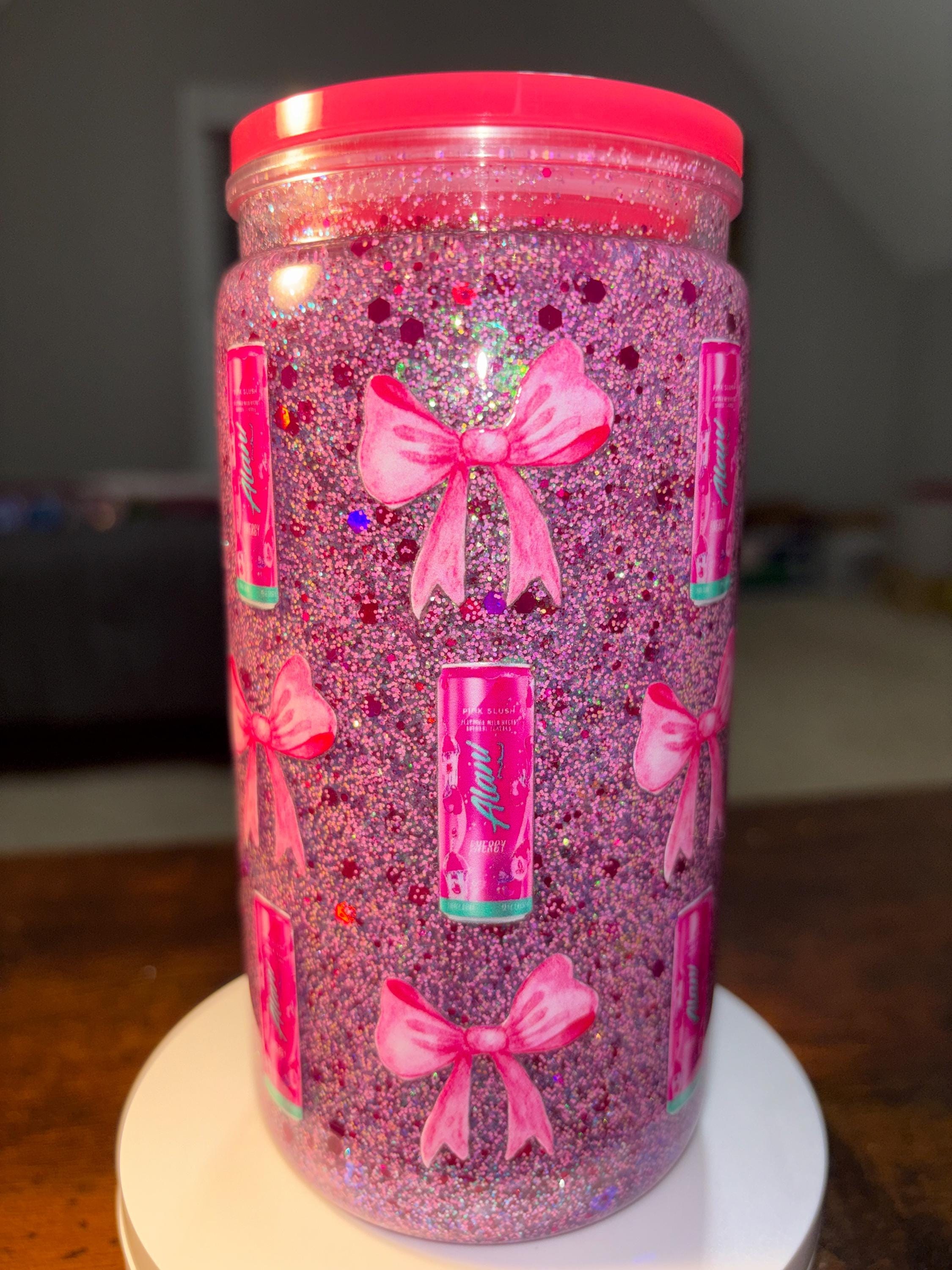 Alani Pink Slushie Snow Globe Tumbler | Handmade 16oz Acrylic Snowglobe Cup | Energy Drink Gift