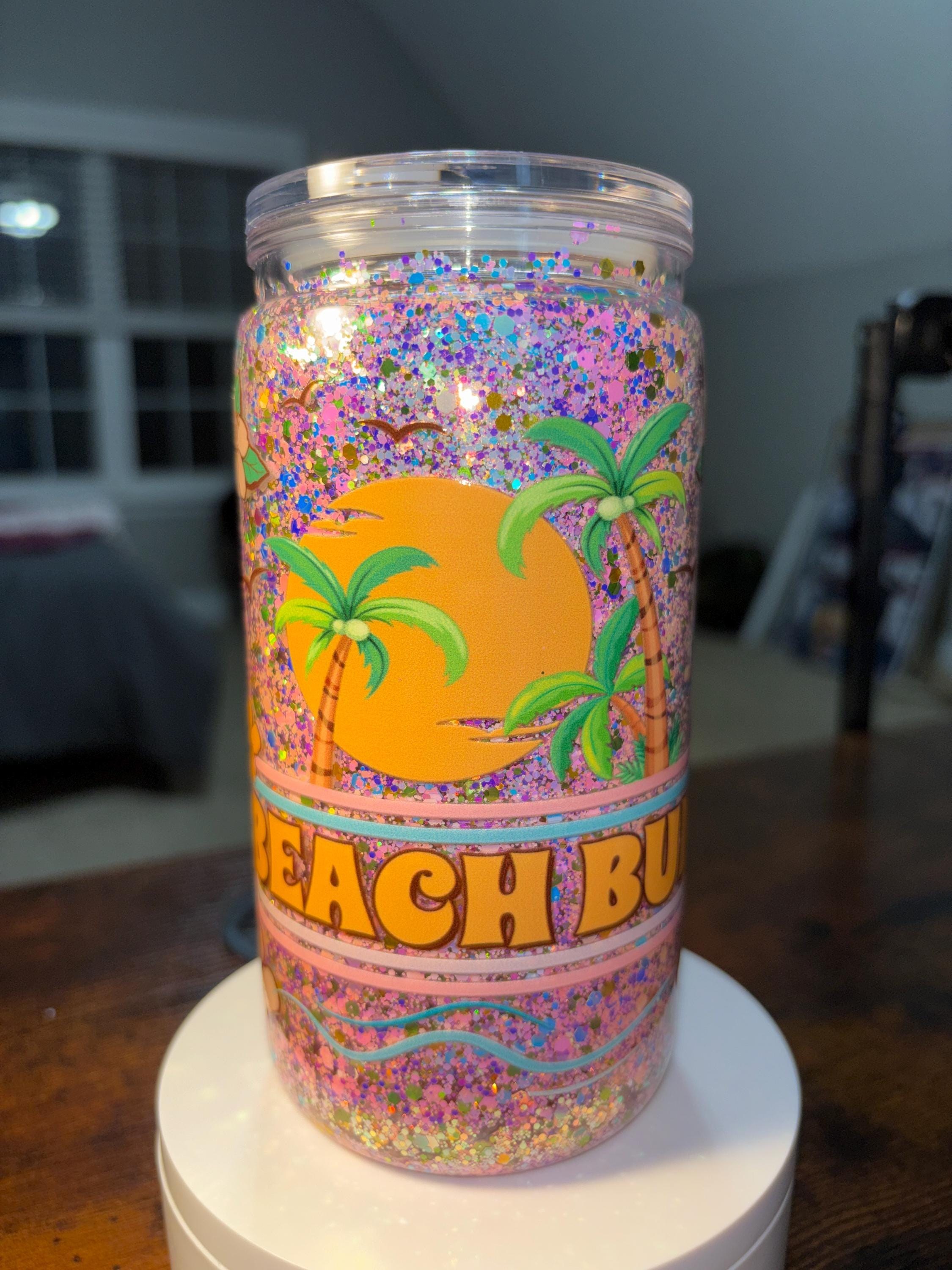 Beach Bum Snow Globe Tumbler | 16oz Handmade Acrylic Ocean Lover Cup | Summer Gift
