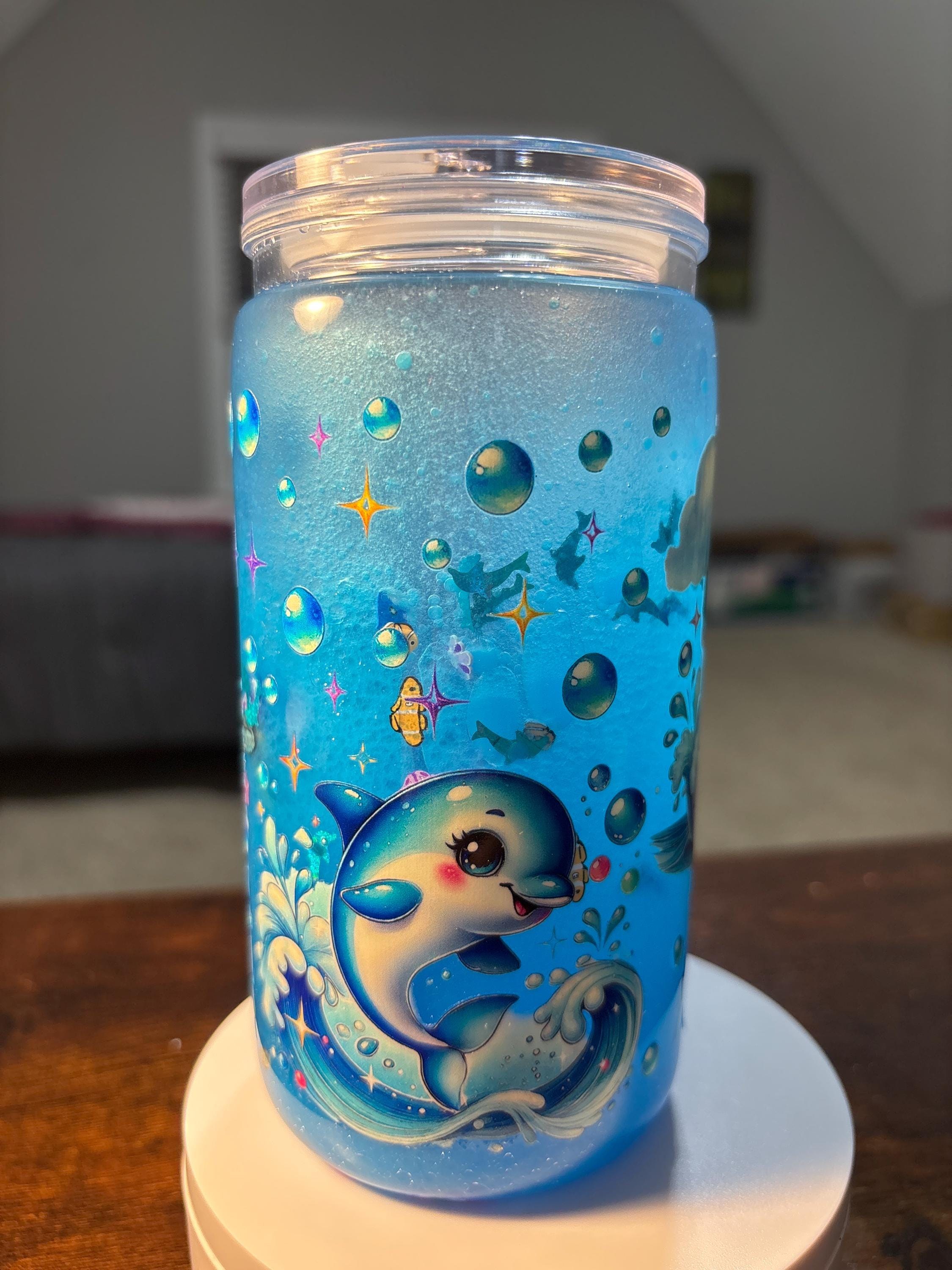 Dolphins Playing Snow Globe Tumbler | 16oz Handmade Ocean Beach Lover Cup