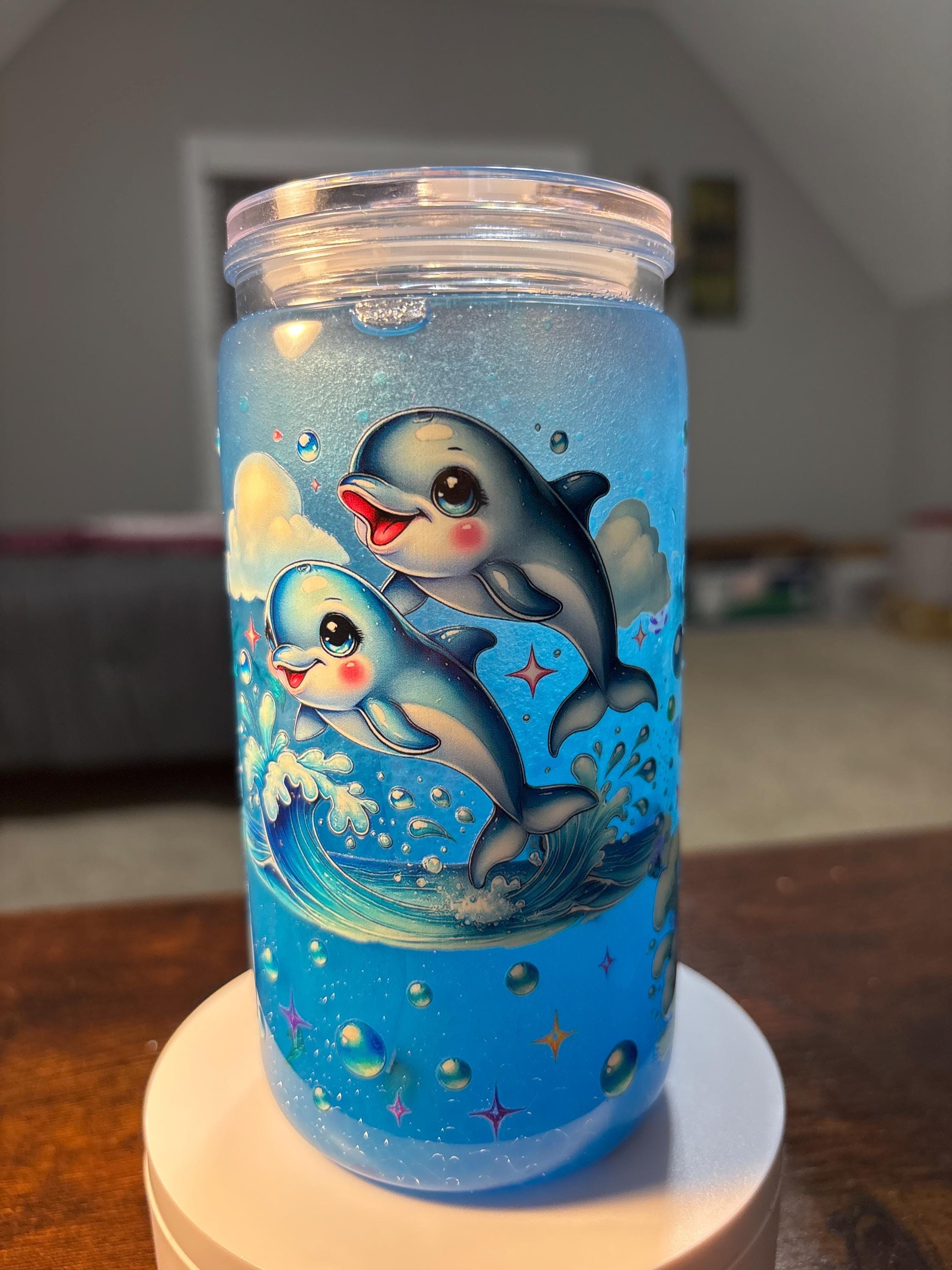 Dolphins Playing Snow Globe Tumbler | 16oz Handmade Ocean Beach Lover Cup