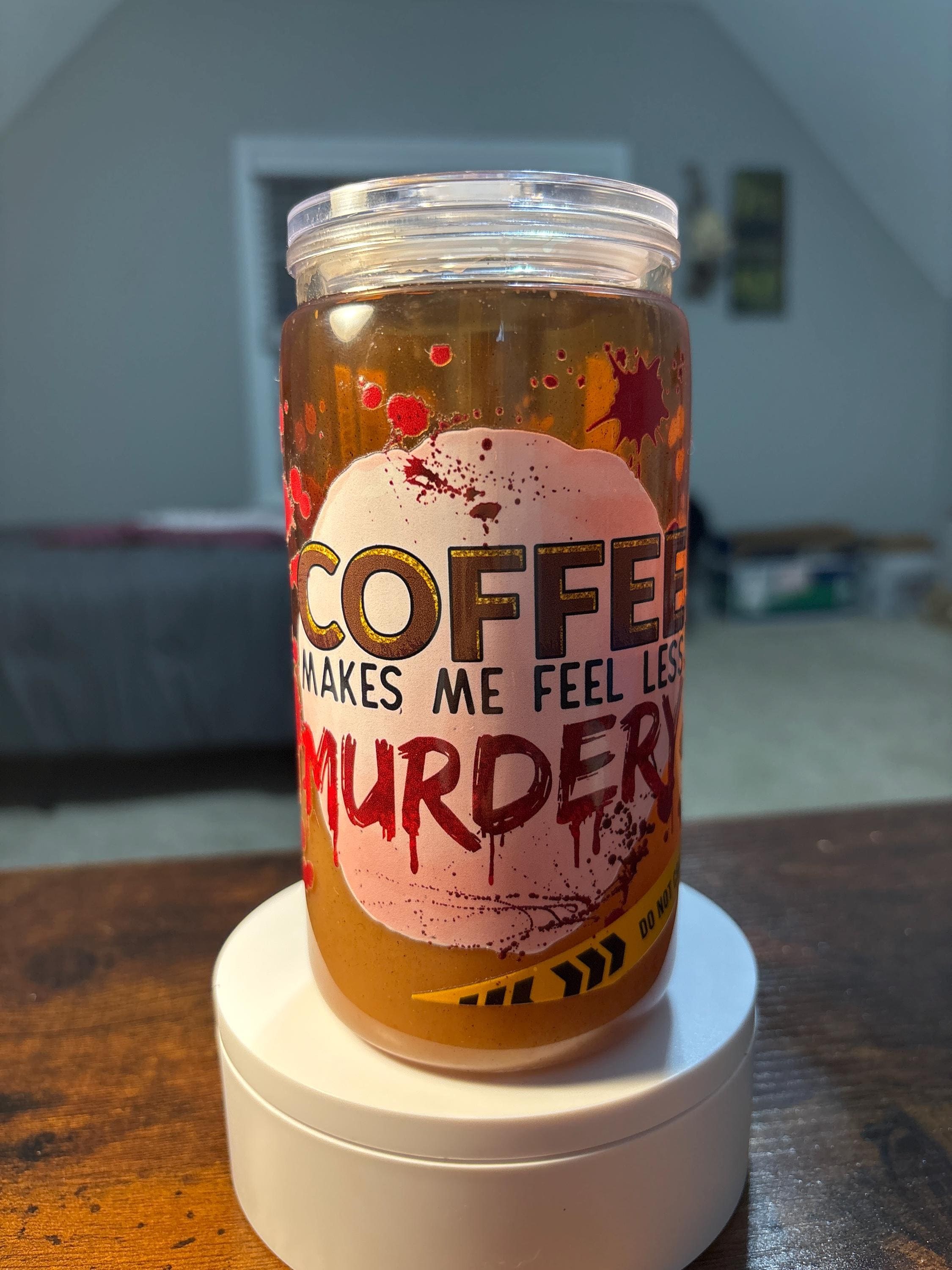 Coffee Makes Me Less Murdery Snow Globe Tumbler | 16oz Handmade Funny Coffee Cup