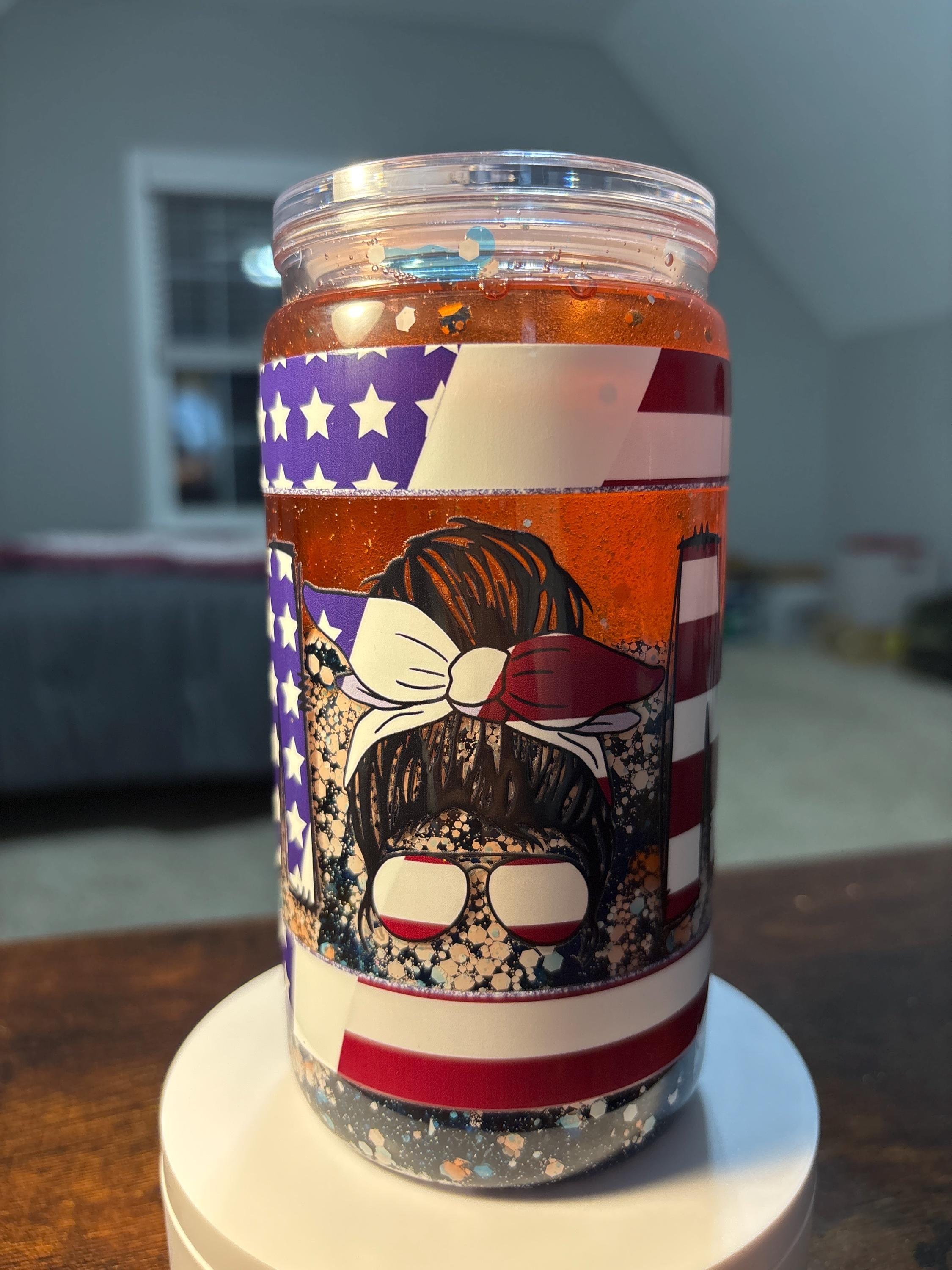 Handmade Patriotic Mom Snow Globe Tumbler | 16oz Acrylic Cup (4th of July Gift)