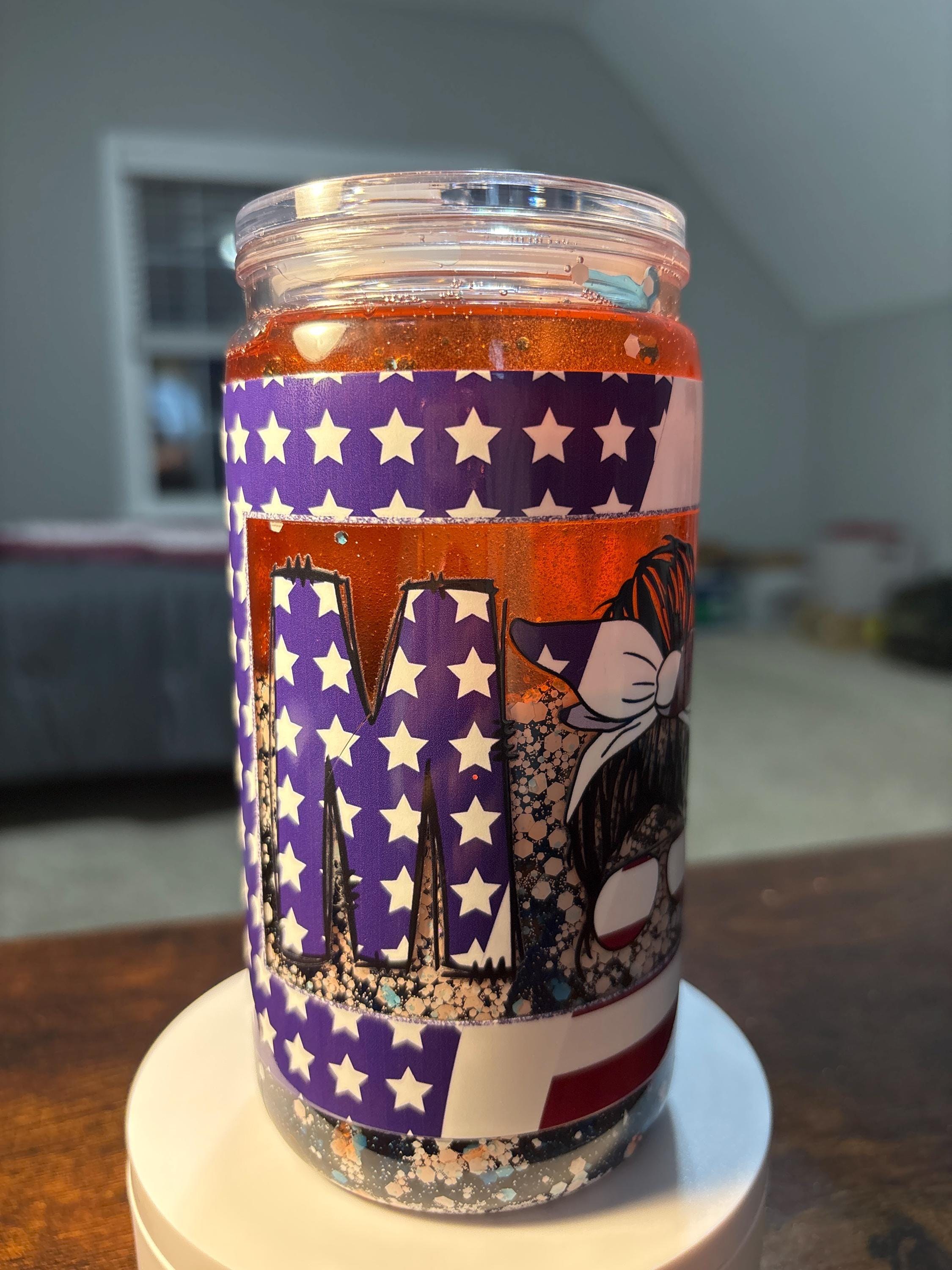 Handmade Patriotic Mom Snow Globe Tumbler | 16oz Acrylic Cup (4th of July Gift)