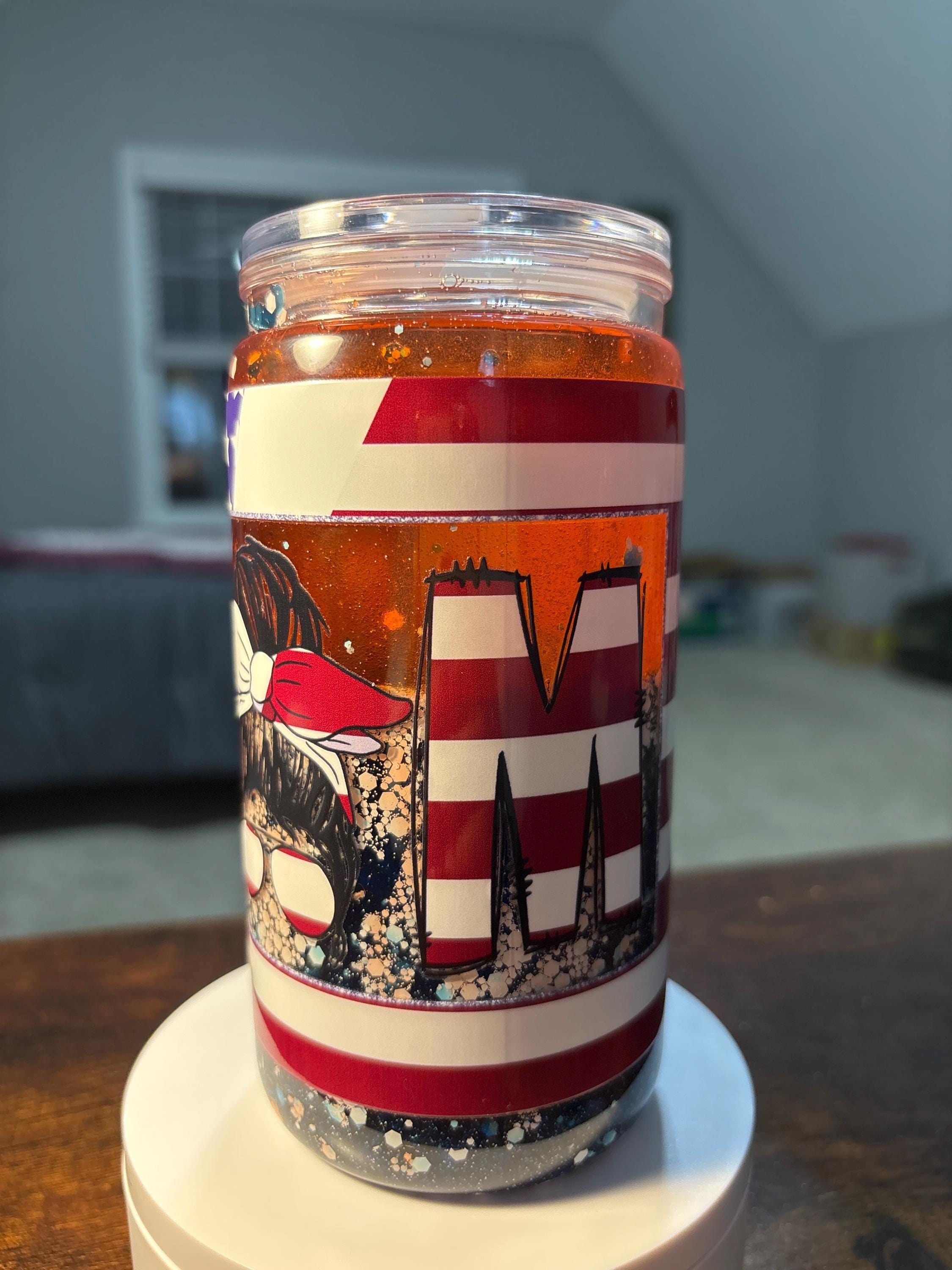 Handmade Patriotic Mom Snow Globe Tumbler | 16oz Acrylic Cup (4th of July Gift)