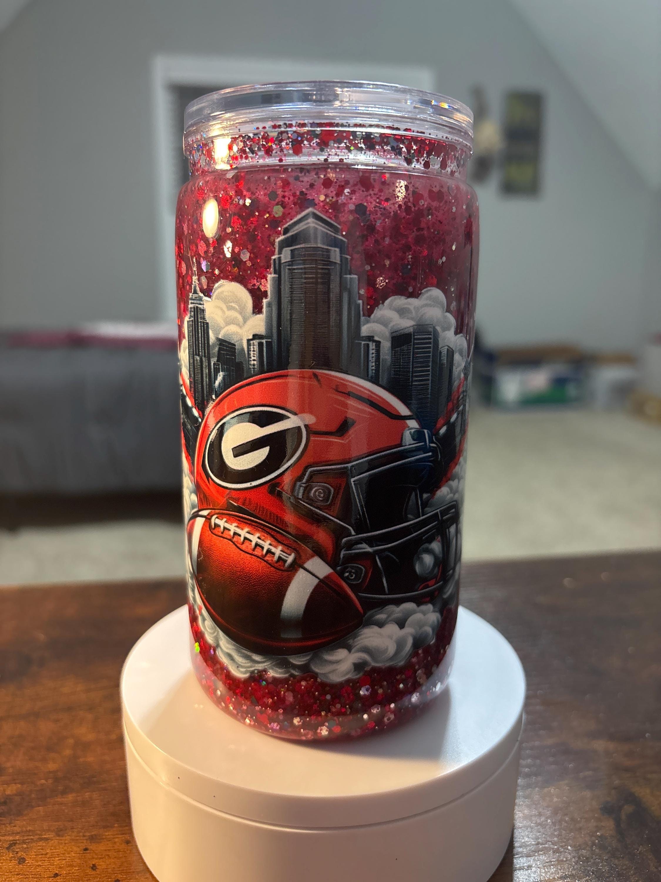 Georgia Bulldogs Snow Globe Tumbler | Handmade 16oz Acrylic Football Fan Cup | Game Day Gift