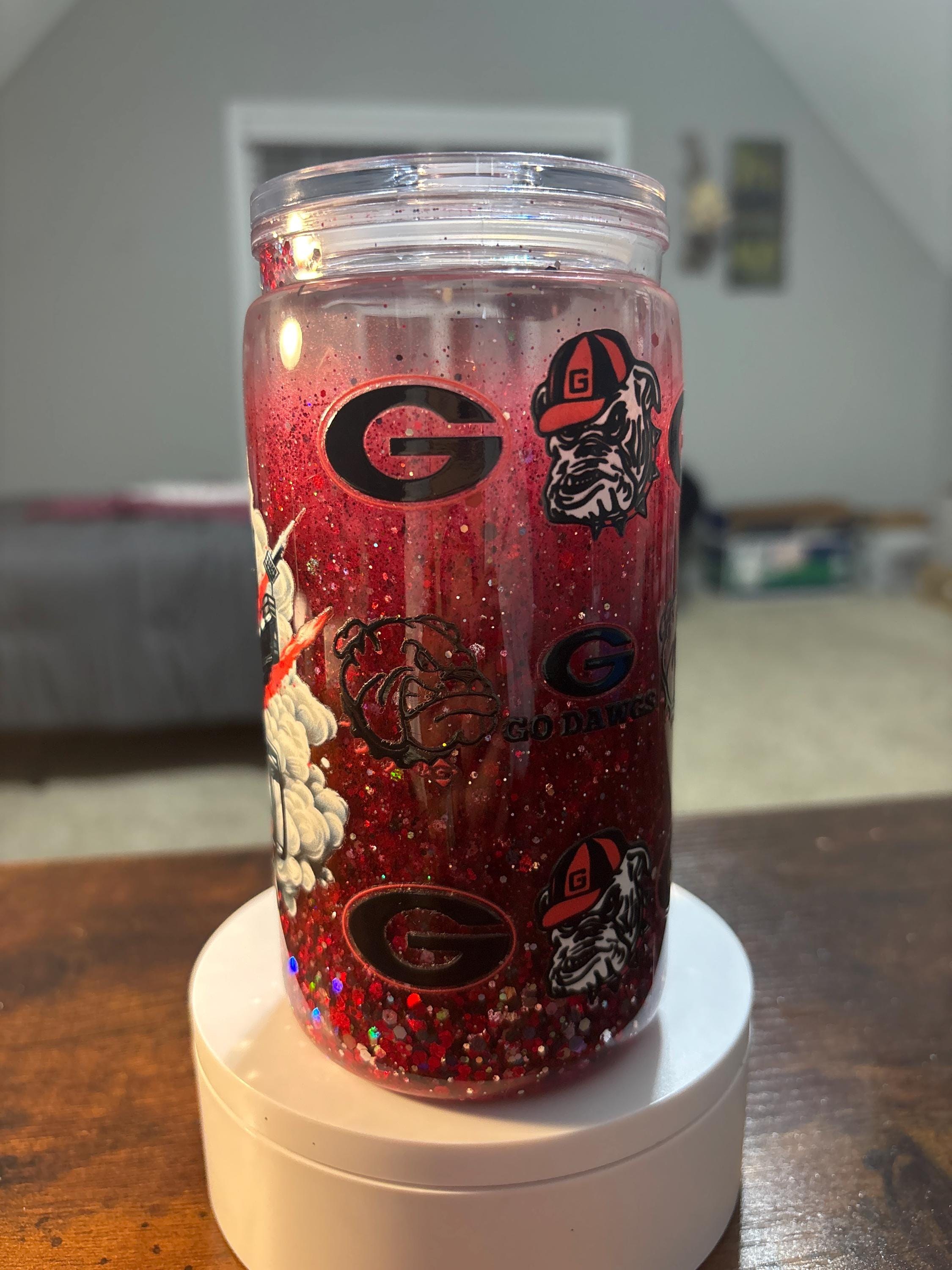Georgia Bulldogs Snow Globe Tumbler | Handmade 16oz Acrylic Football Fan Cup | Game Day Gift