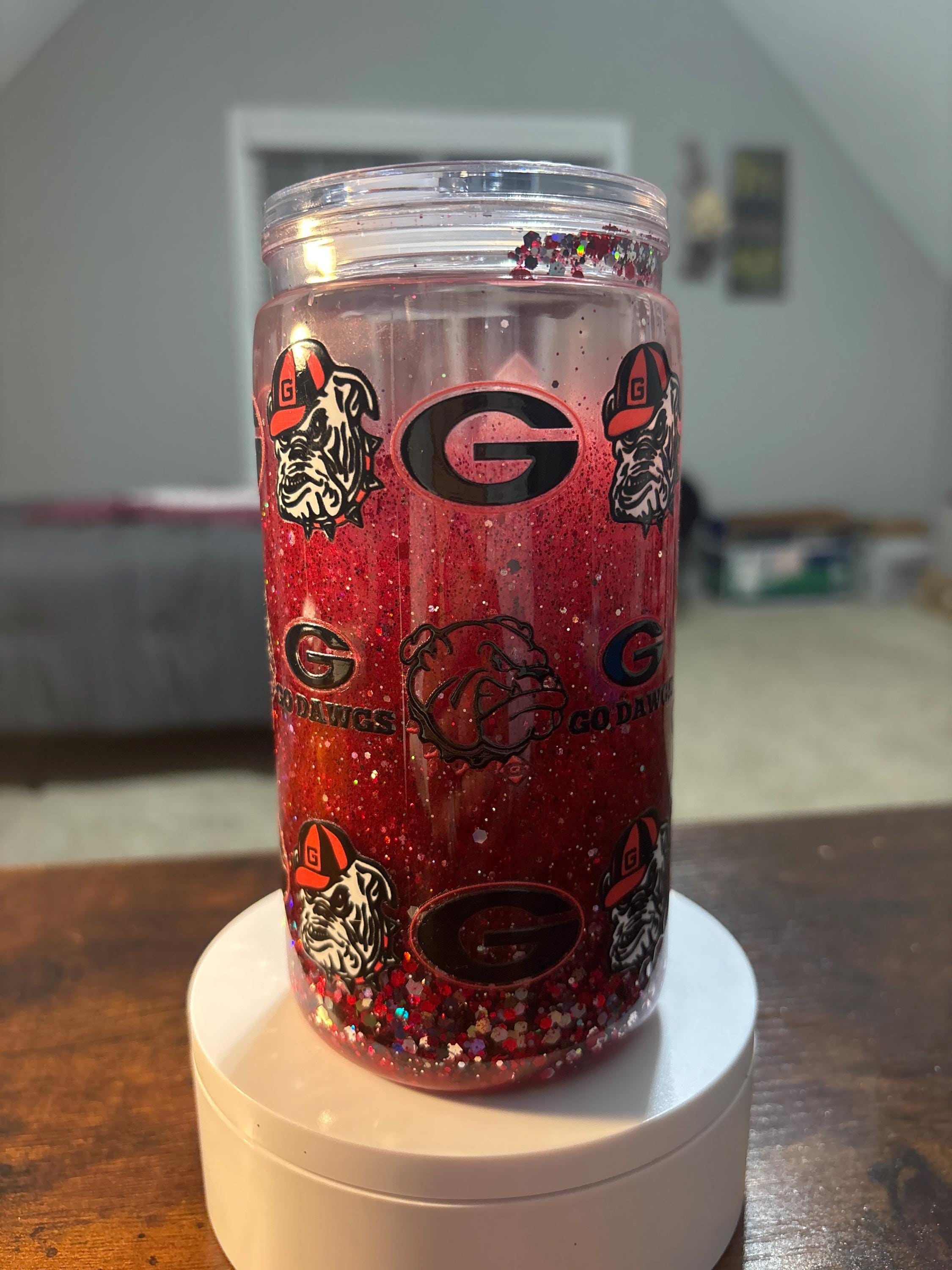 Georgia Bulldogs Snow Globe Tumbler | Handmade 16oz Acrylic Football Fan Cup | Game Day Gift