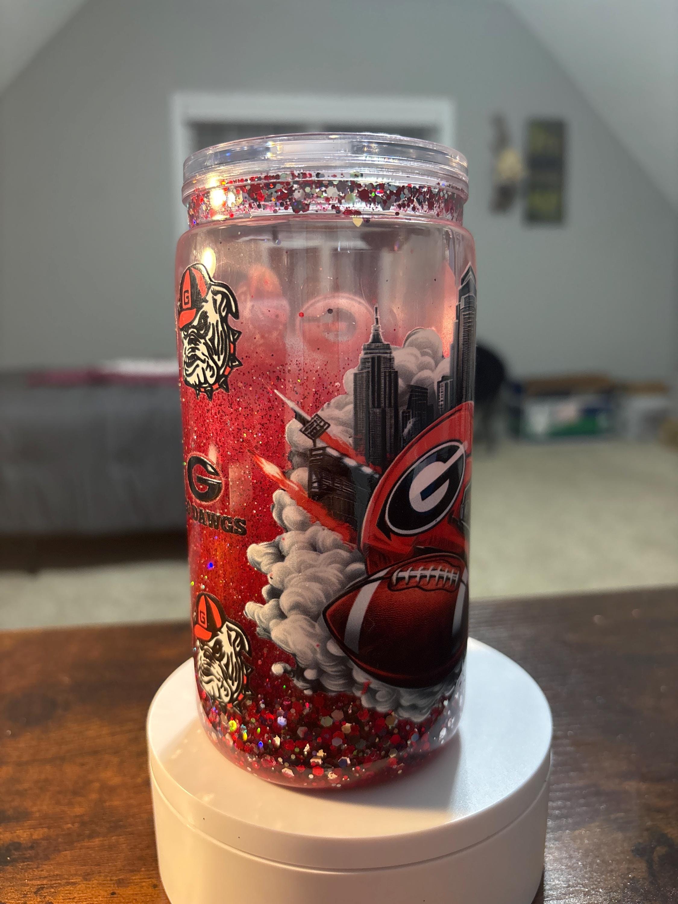 Georgia Bulldogs Snow Globe Tumbler | Handmade 16oz Acrylic Football Fan Cup | Game Day Gift