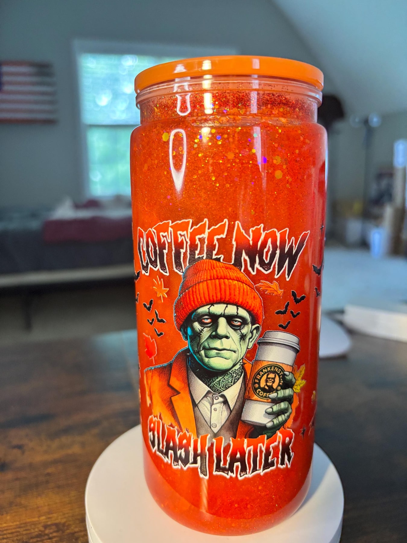 Coffee Now Slash Later Frankenstein 20oz Snow Globe Tumbler | Cateye Waterfall Glitter Cup