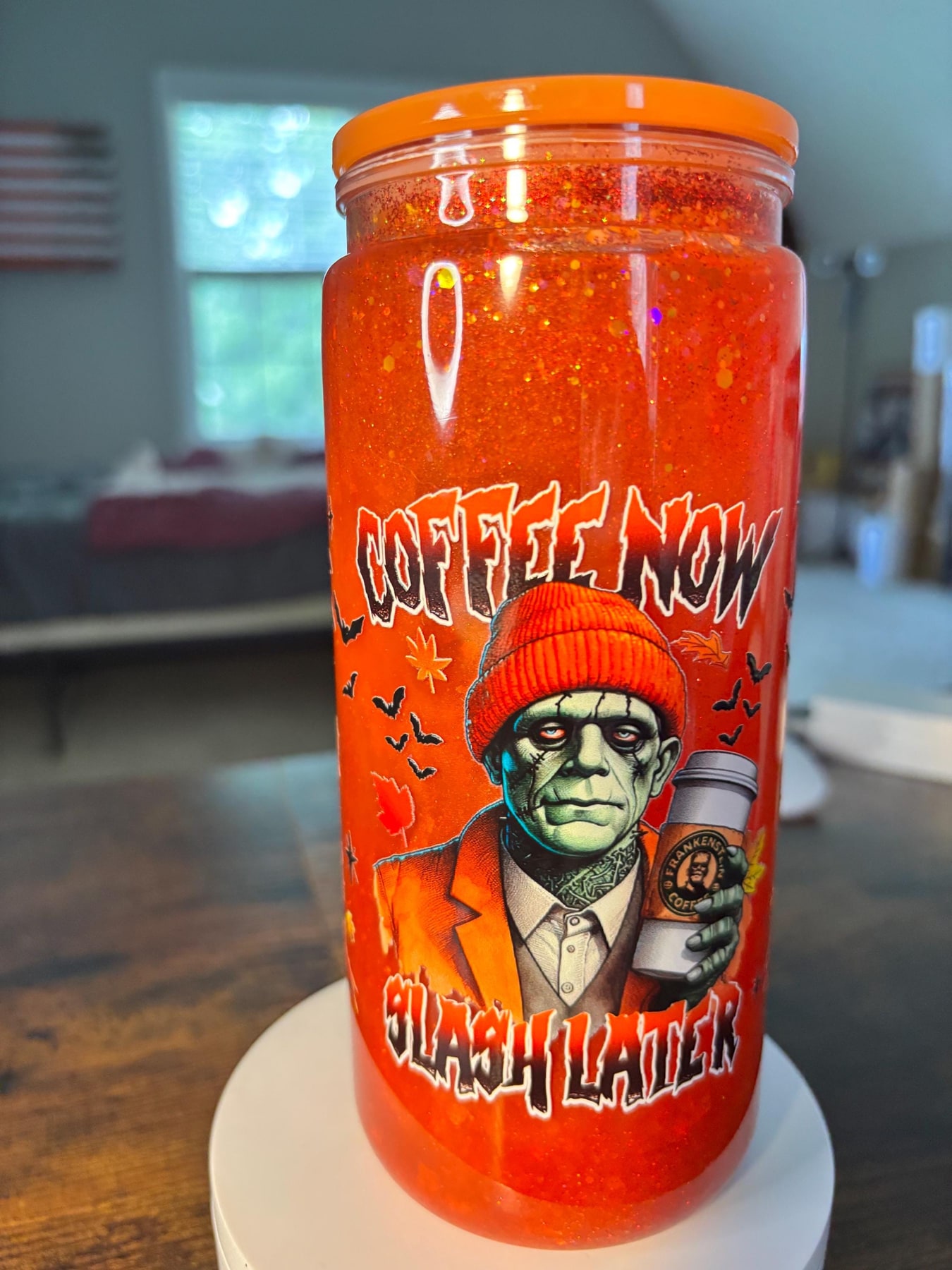 Coffee Now Slash Later Frankenstein 20oz Snow Globe Tumbler | Cateye Waterfall Glitter Cup