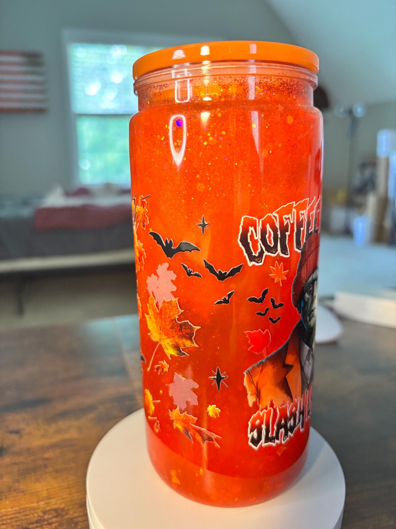 Coffee Now Slash Later Frankenstein 20oz Snow Globe Tumbler | Cateye Waterfall Glitter Cup