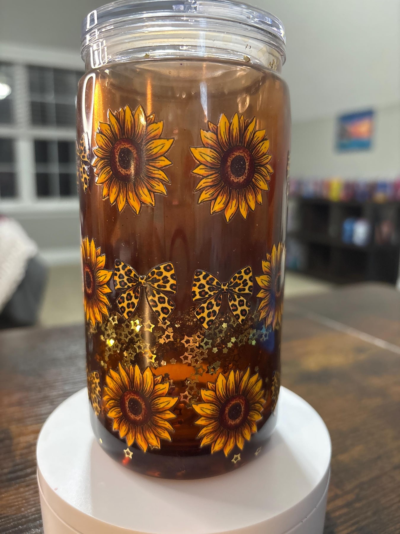 Sunflower 16oz Snow Globe Tumbler | Gold Brown Lava Cup | Leopard Print Gift