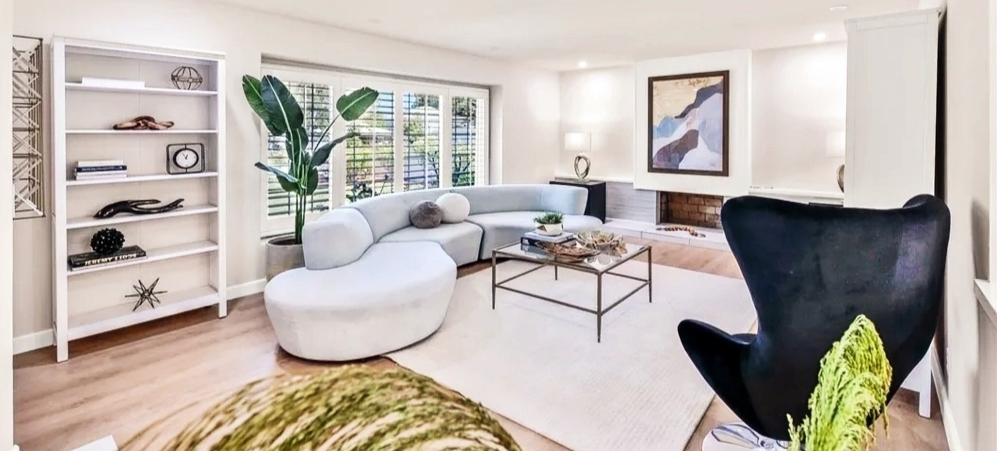 Light-filled staged living room in Southern California, designed to help homes sell faster and above asking price
