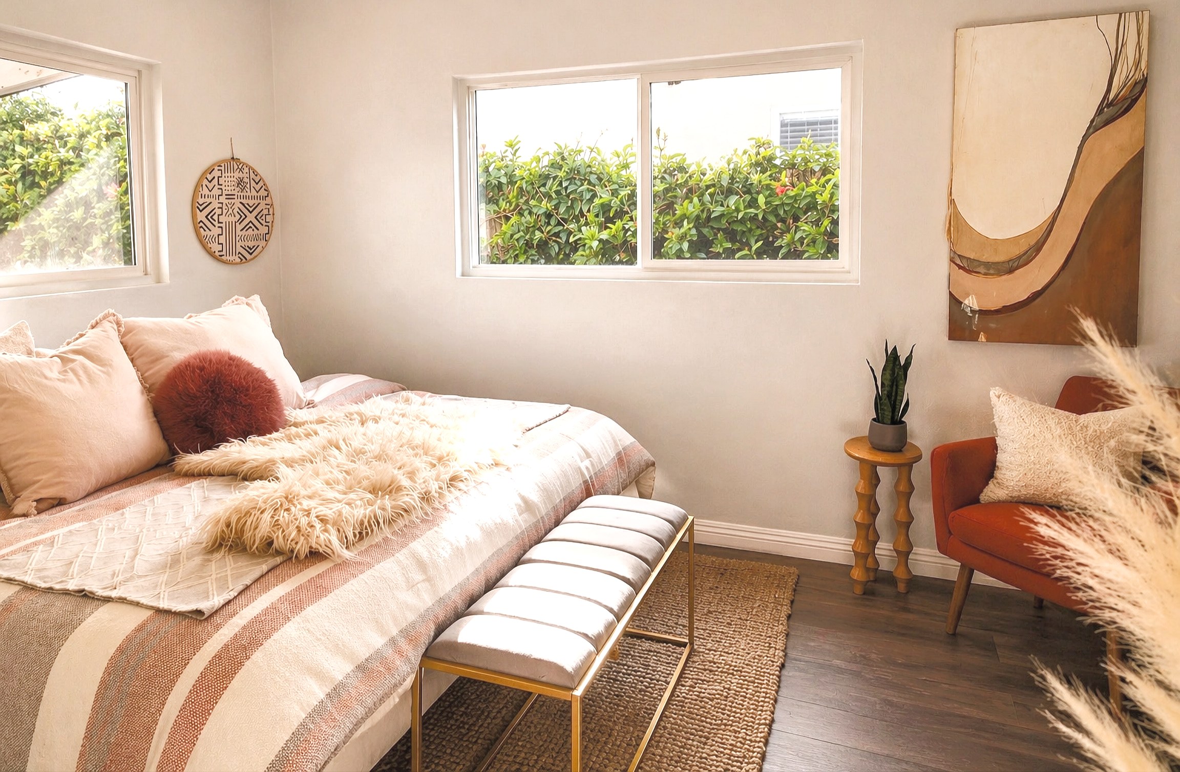 Softly layered staged bedroom in Manhattan Beach, designed to help homes sell faster and above asking price