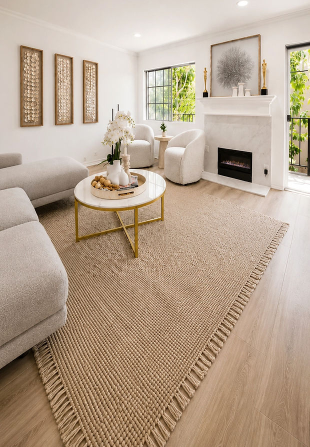 Staged living room with fireplace in Southern California, designed to help homes sell faster and above asking price