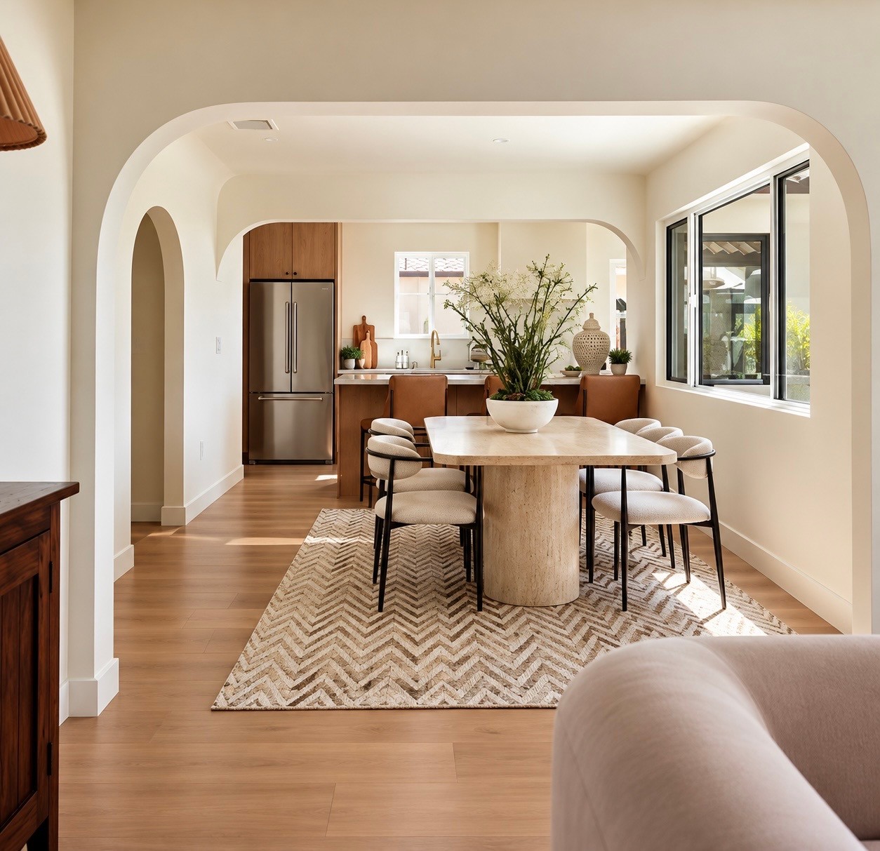 Light-filled staged dining room with arched openings, natural wood table, and textured rug
