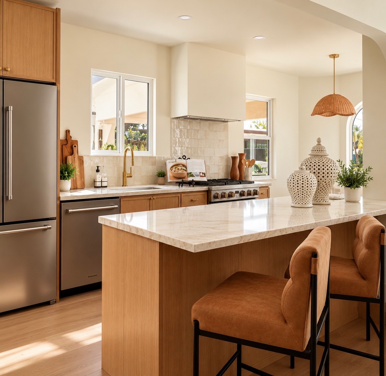 Bright staged kitchen with warm wood cabinetry, marble island, and leather counter stools