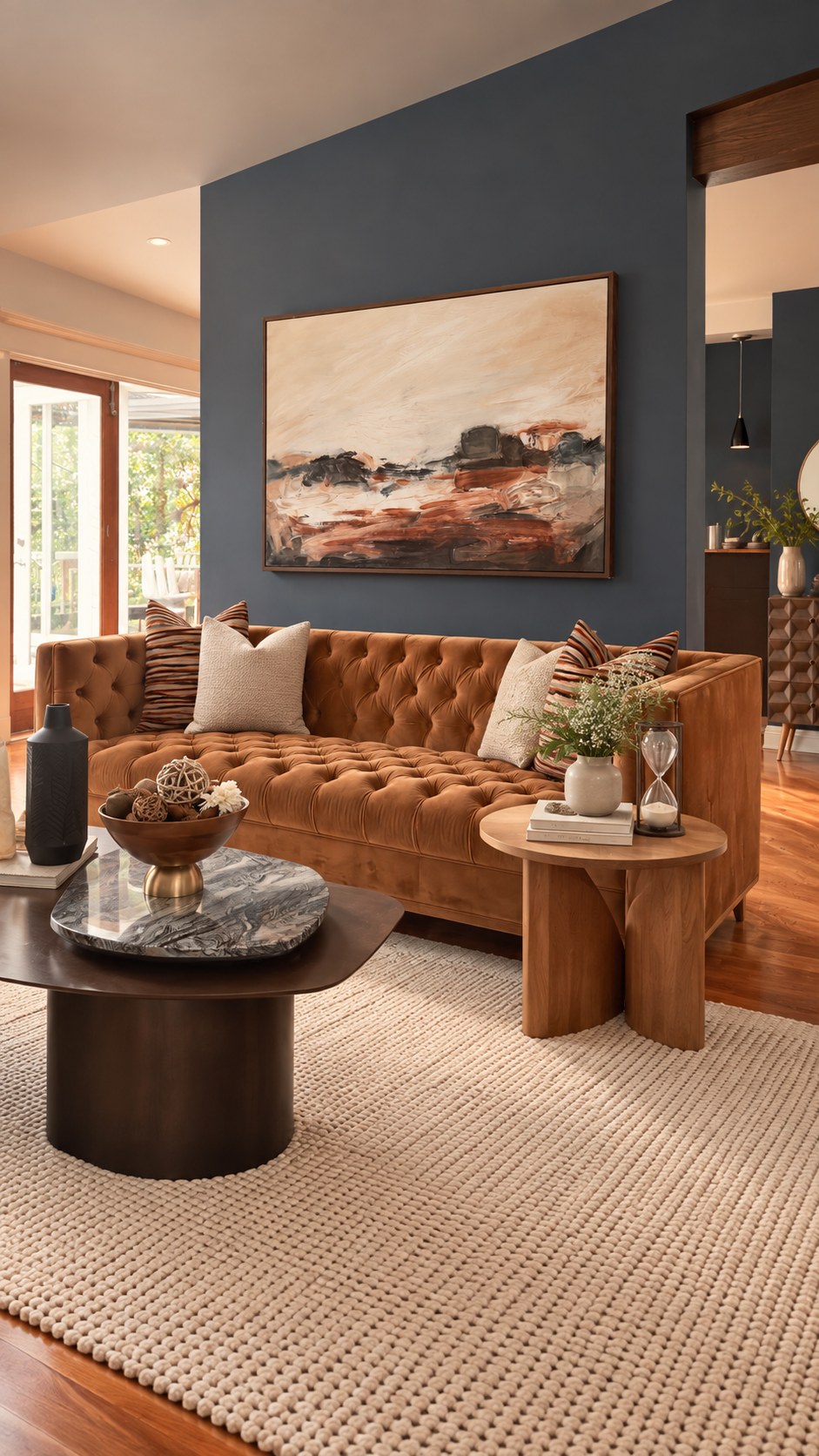 Luxury staged living room with blue feature wall and warm leather sofa, designed to help homes sell faster and above asking price