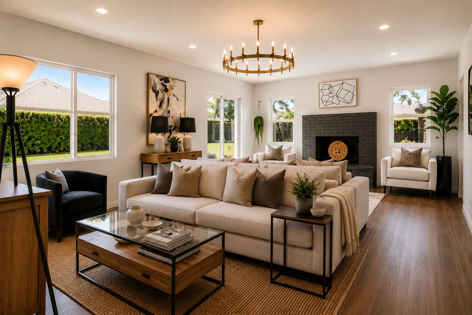 Premium staged living room with dark fireplace, designed to help homes sell faster and above asking price