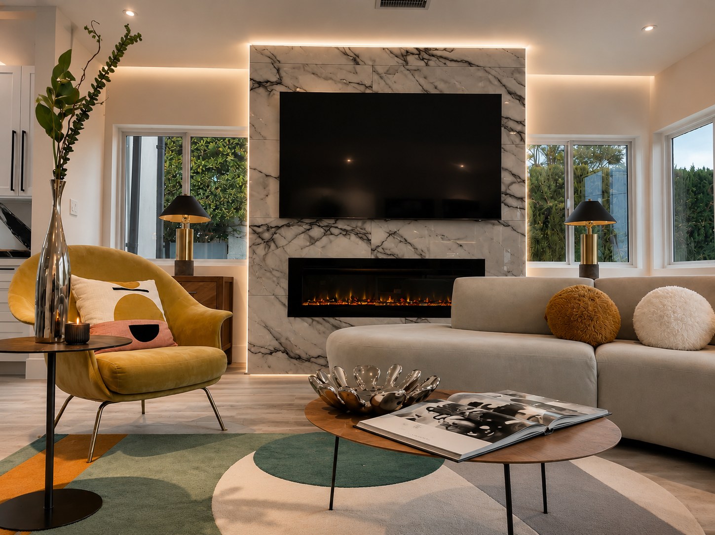 Premium staged marble fireplace living room, designed to help homes sell faster and above asking price