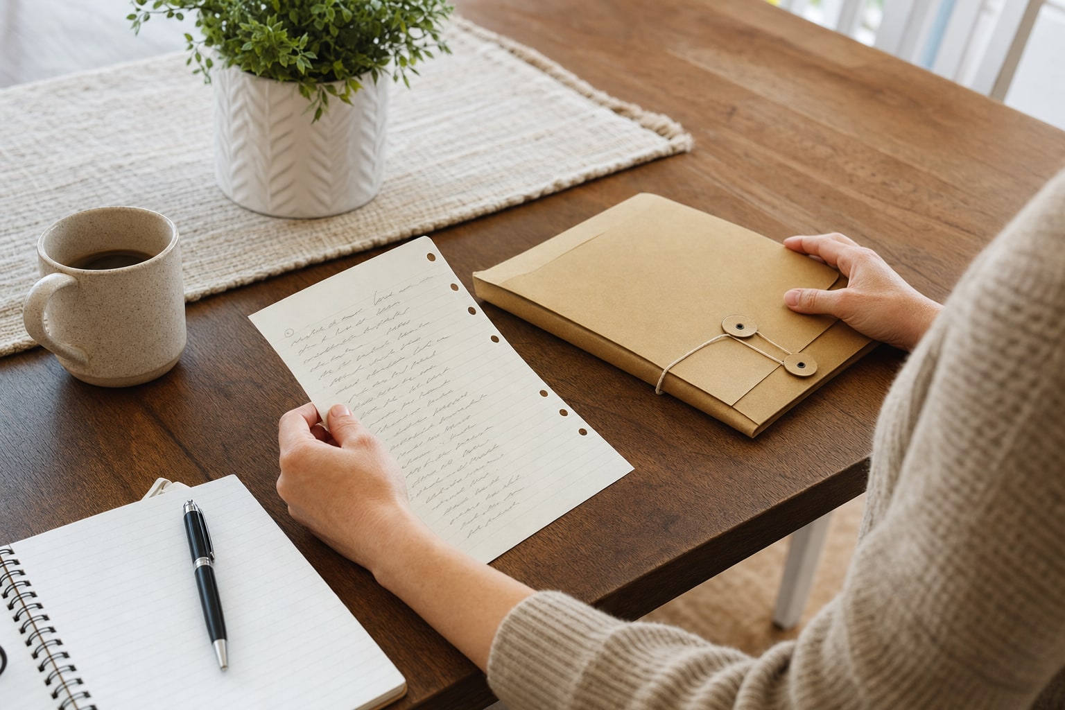 A parent organizing household planning notes and a document folder