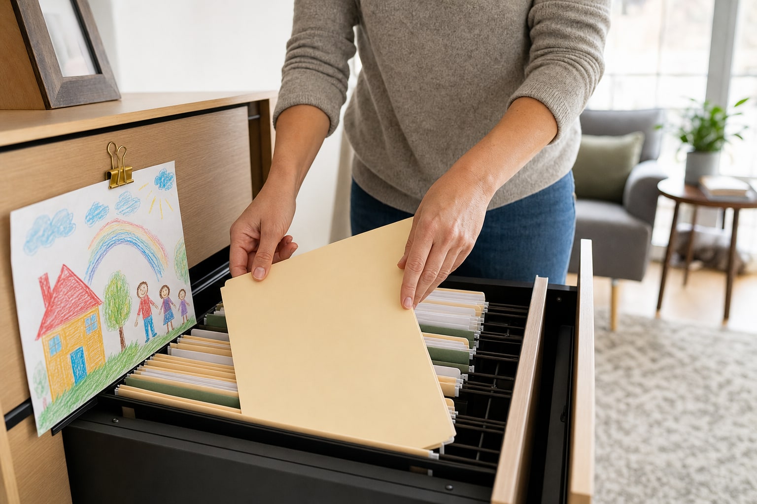 A parent placing family records into a home filing drawer