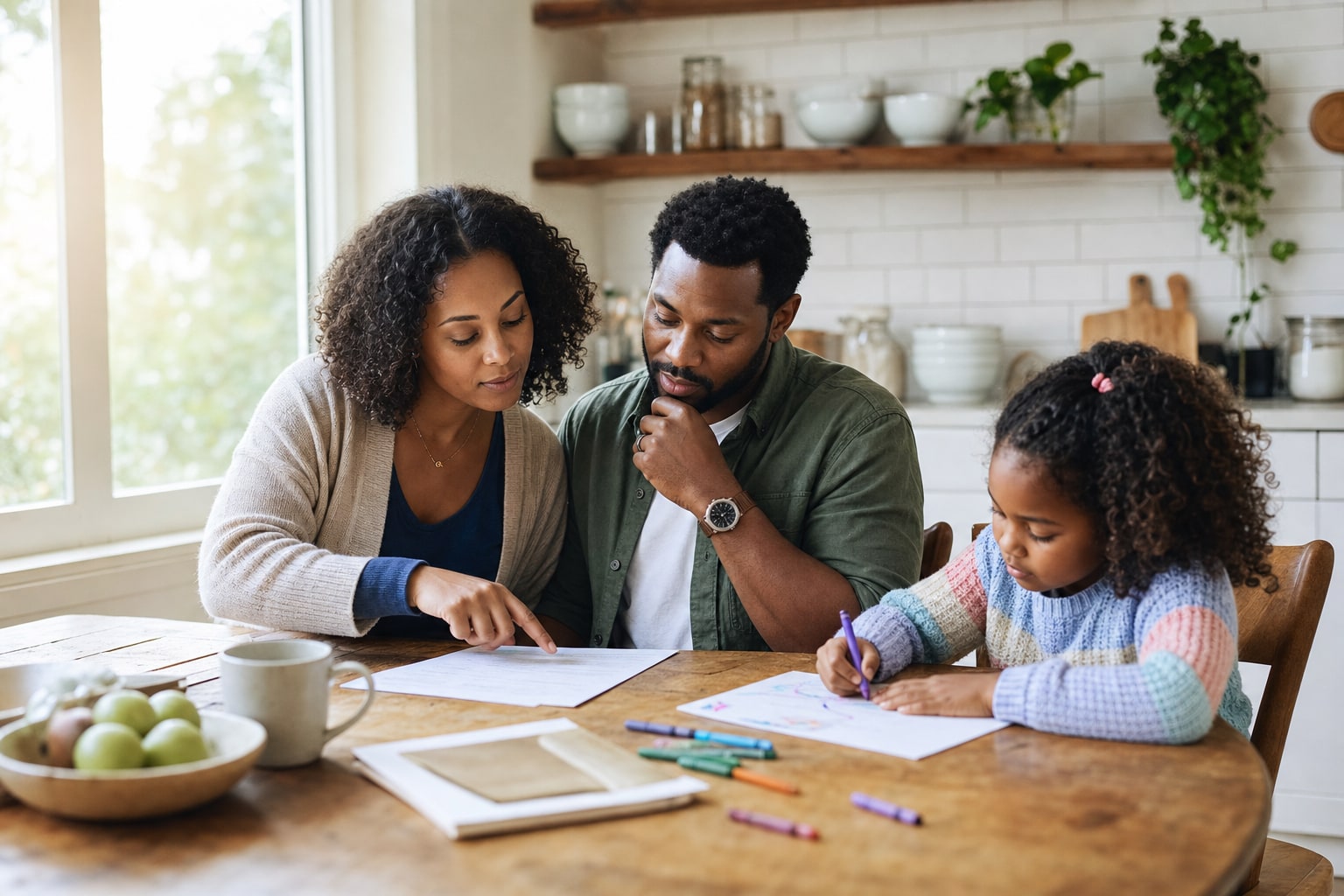 Parents reviewing family planning papers while their child draws nearby