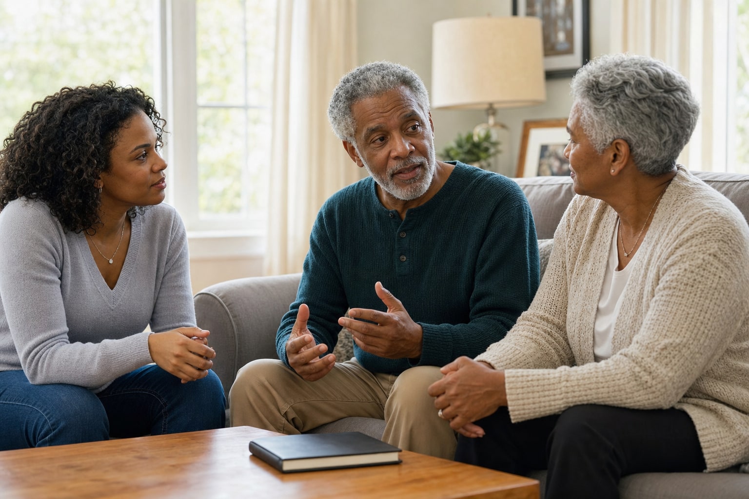 Family members having a thoughtful planning conversation at home
