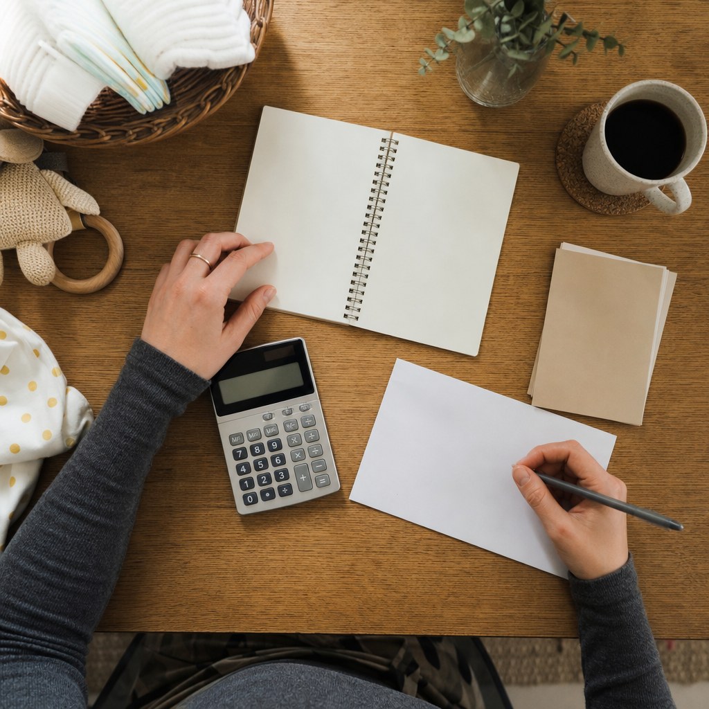 Parents organizing a family budget with a notebook and calculator