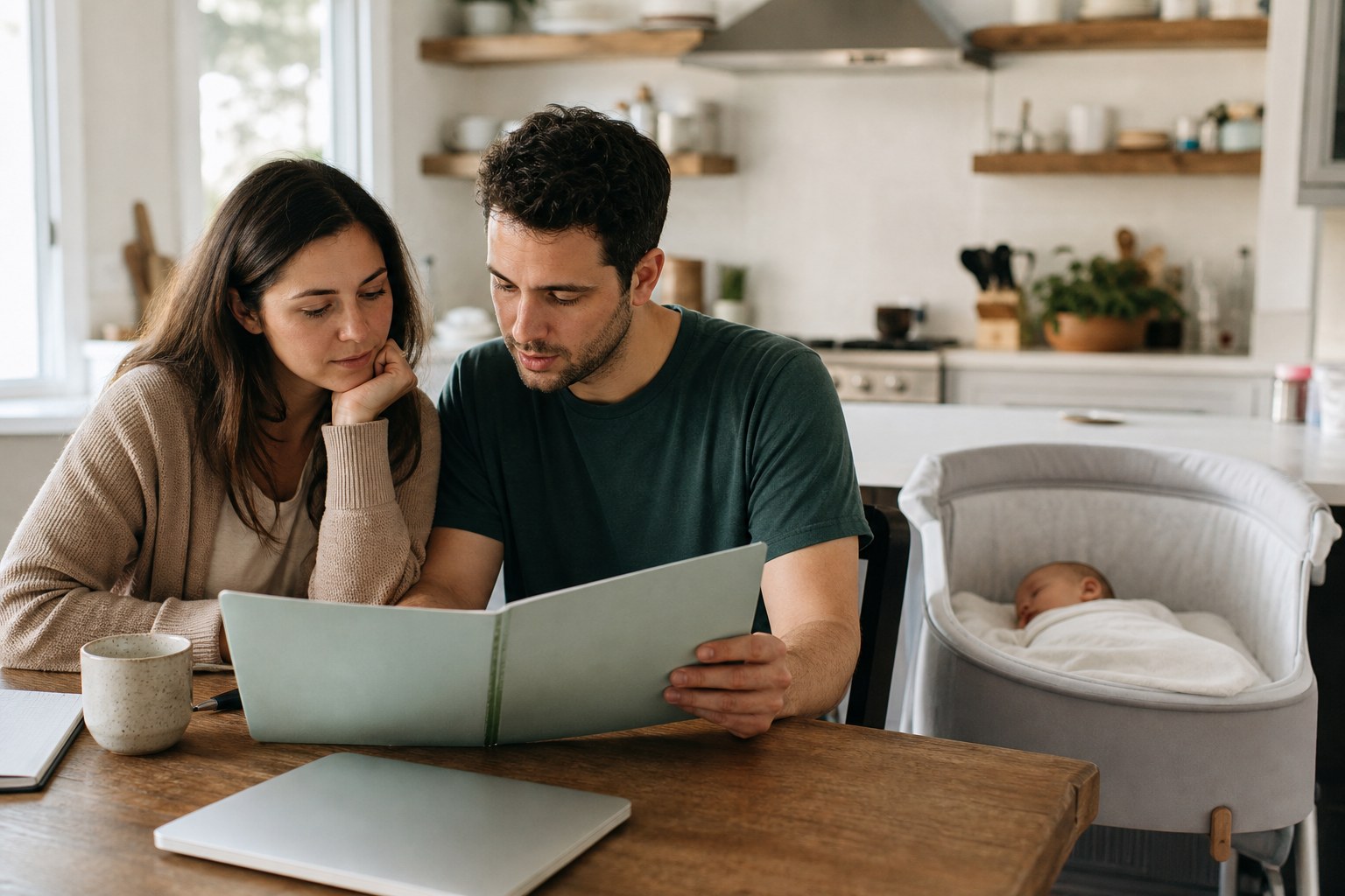 New parents reviewing a family plan at their kitchen table