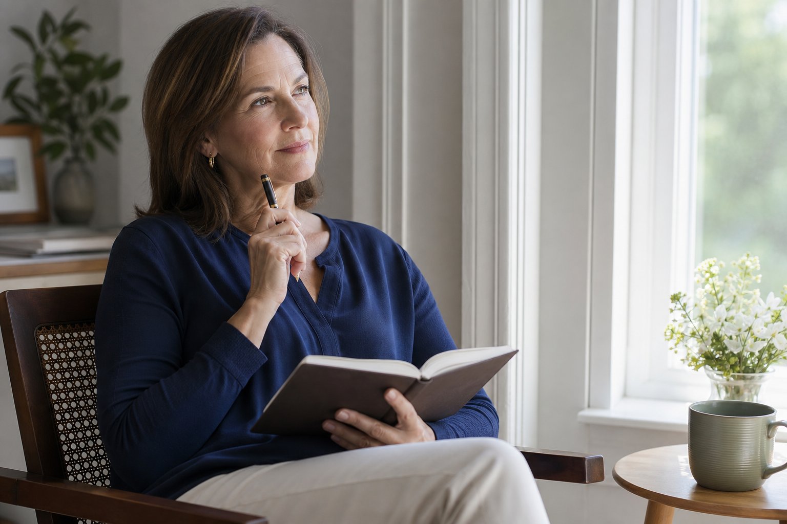 A woman reflecting on a question in her notebook at home
