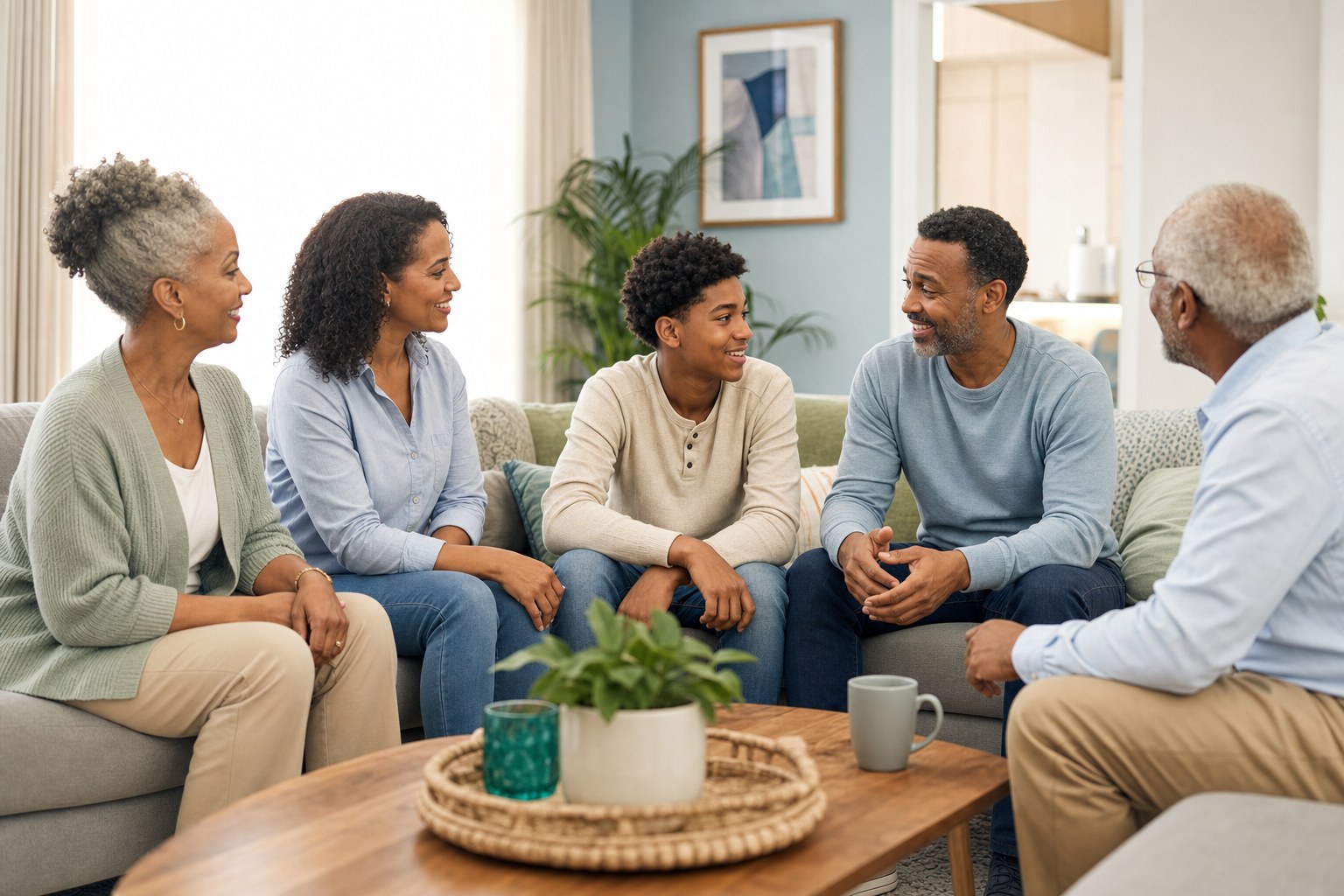 A multigenerational family sharing a conversation at home