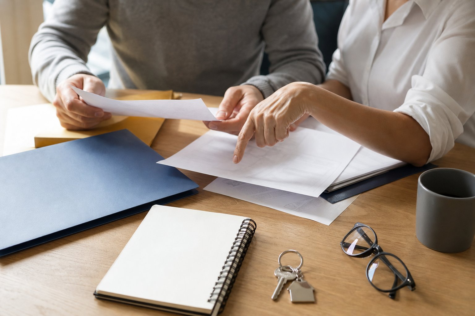 Hands organizing household documents and family priorities