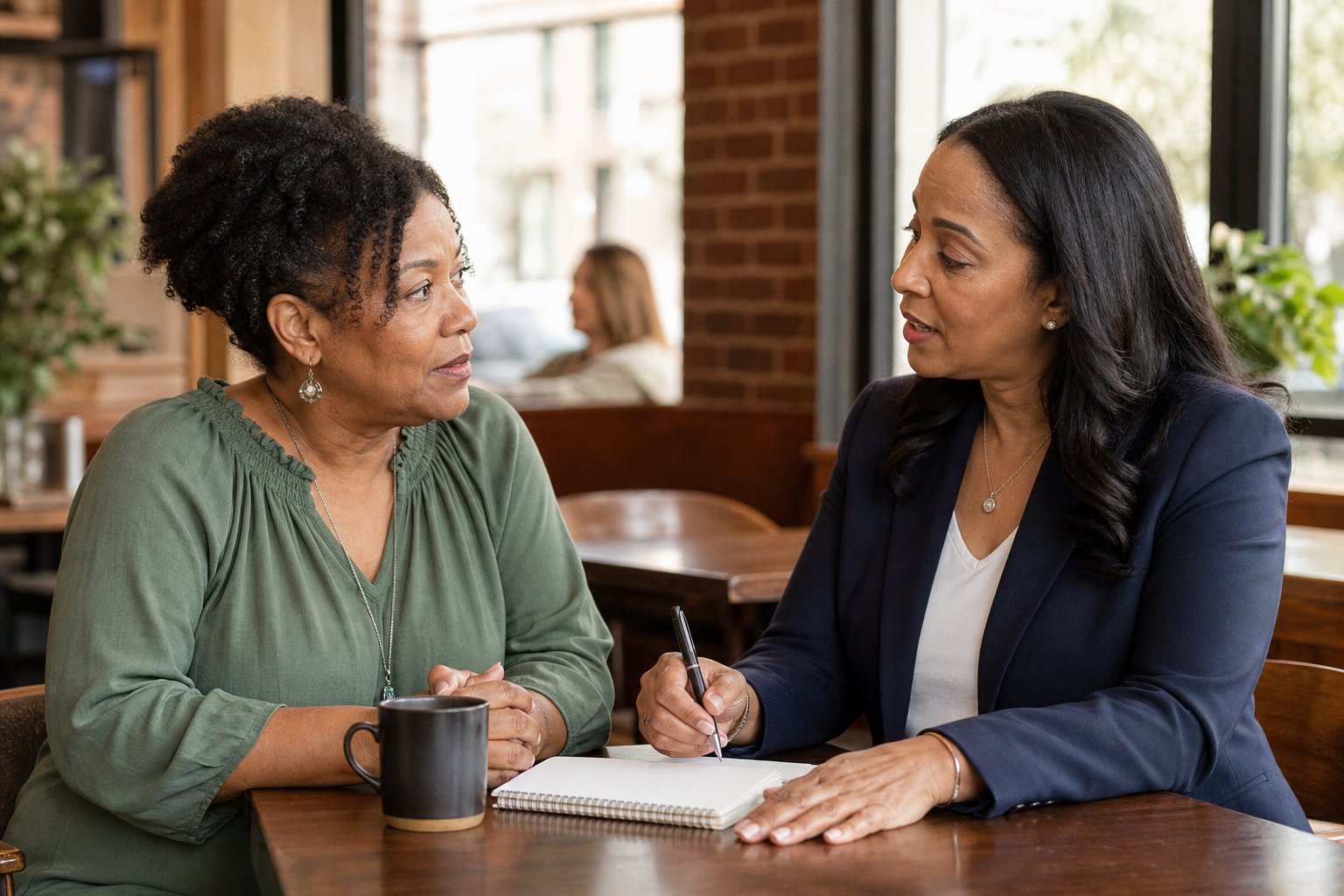 A parent having a thoughtful conversation with an advisor