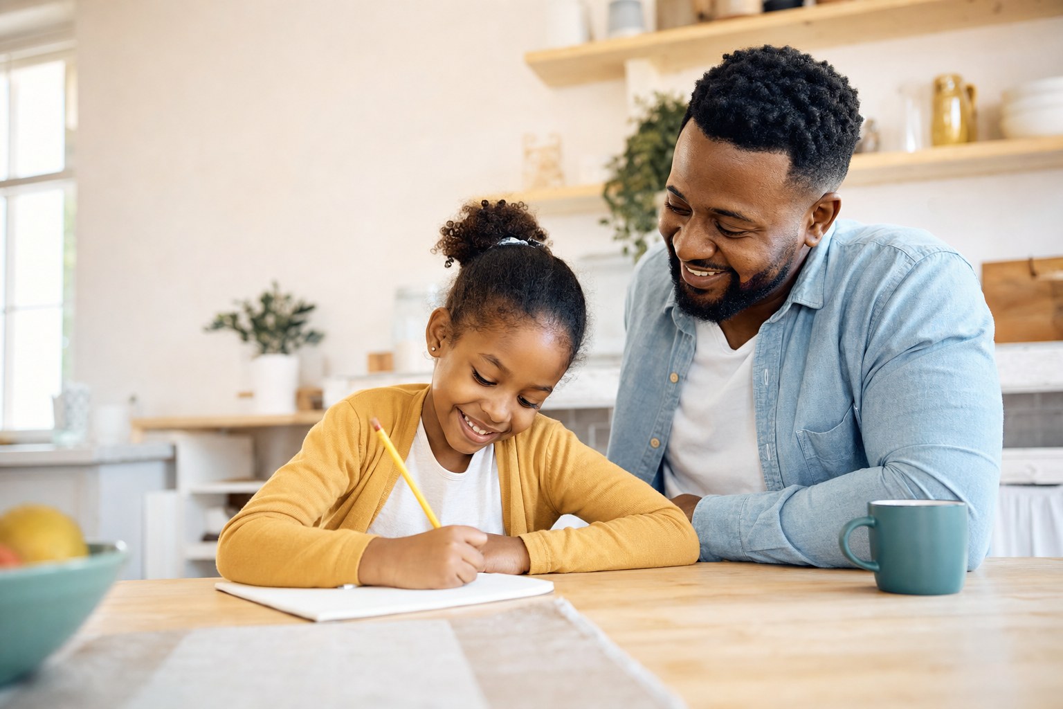 A father and daughter learning together at their kitchen table