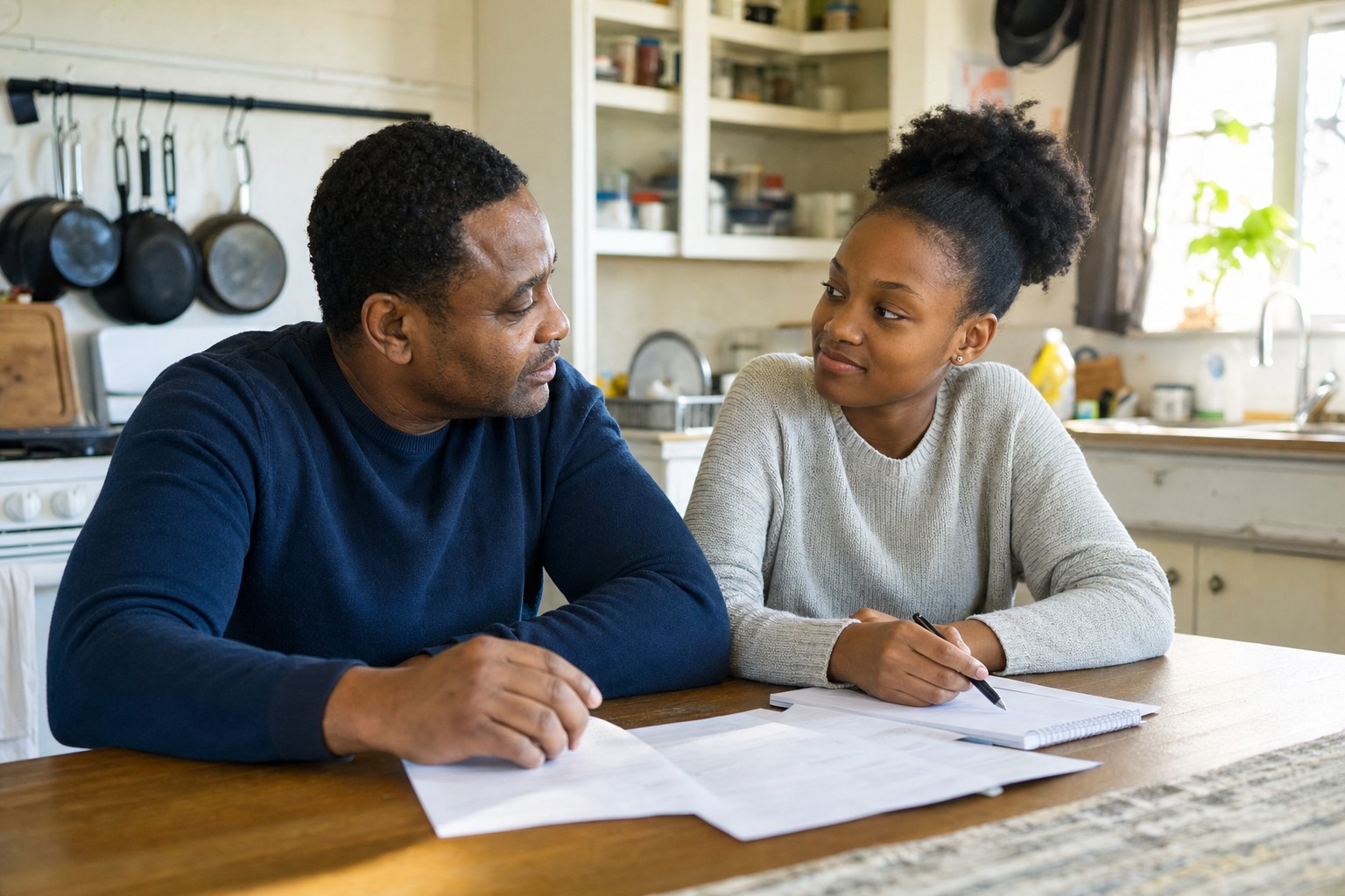 A father and daughter learning together at their kitchen table