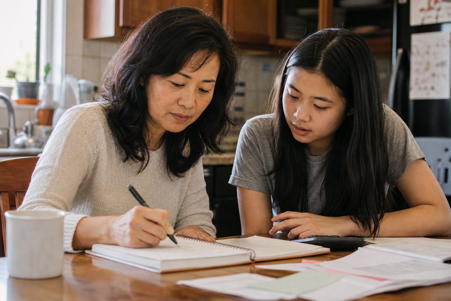 A parent making notes for a household financial plan