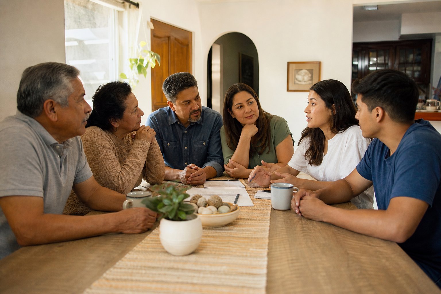 A multigenerational family sharing a conversation at home
