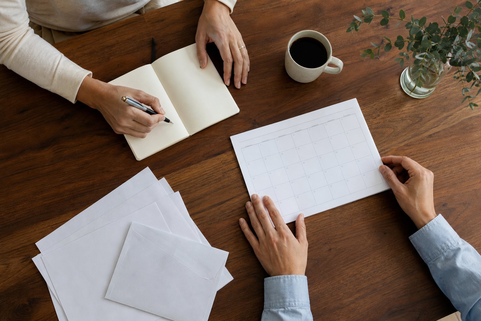 Two people organizing questions and a calendar together