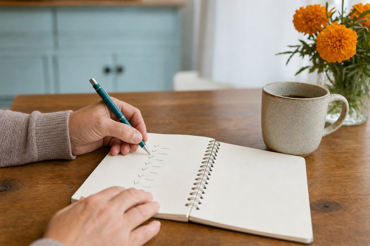 Hands writing a simple plan in a notebook
