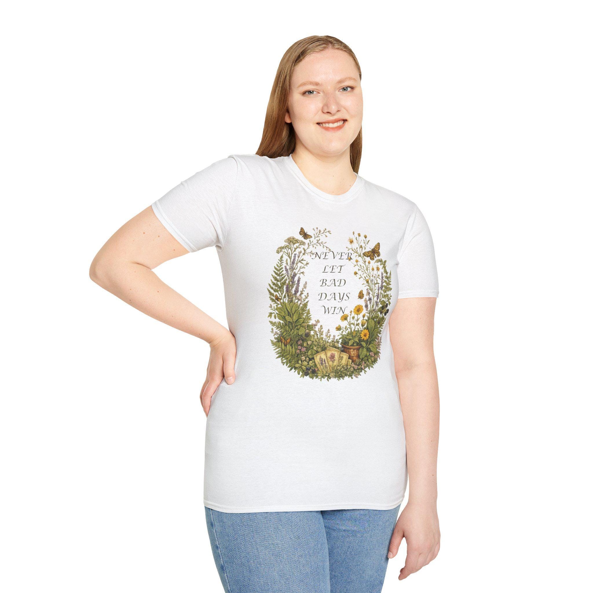 Floral Wreath T-Shirt, Inspirational Quote Tee, Never Let Bad Days Win, Nature Lover Gift, view 7