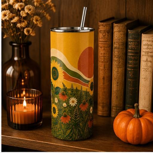 Retro Sunflower Skinny Tumbler, Boho Wildflower Cup, Sunflower Nature Gift, view 6