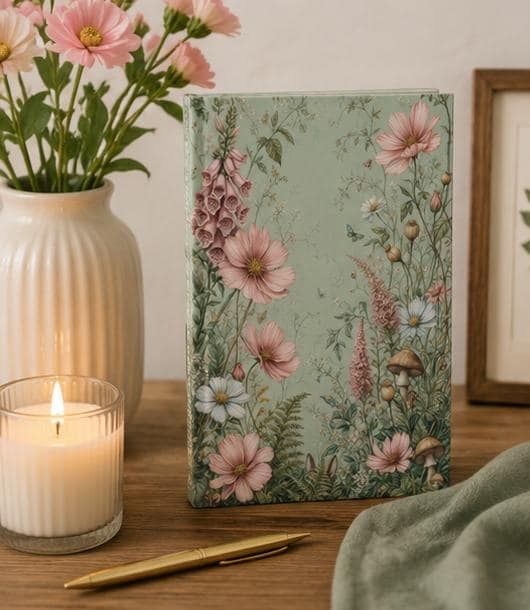 Cottagecore Journal, Wildflower Mushroom Hardcover Notebook, Sage Green Floral Diary, Gift for Her