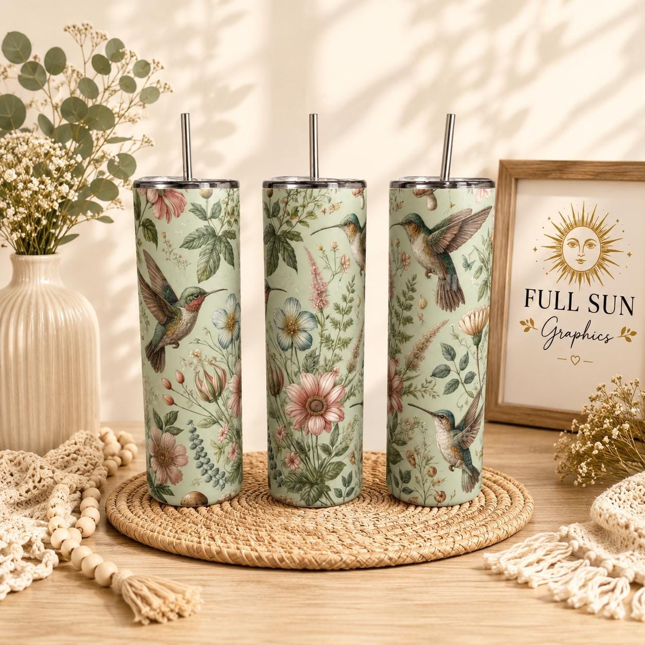 Hummingbird Botanical Floral Skinny Tumbler | Insulated Stainless Steel Cup, view 3