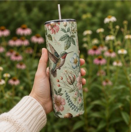 Hummingbird Botanical Floral Skinny Tumbler | Insulated Stainless Steel Cup, view 7